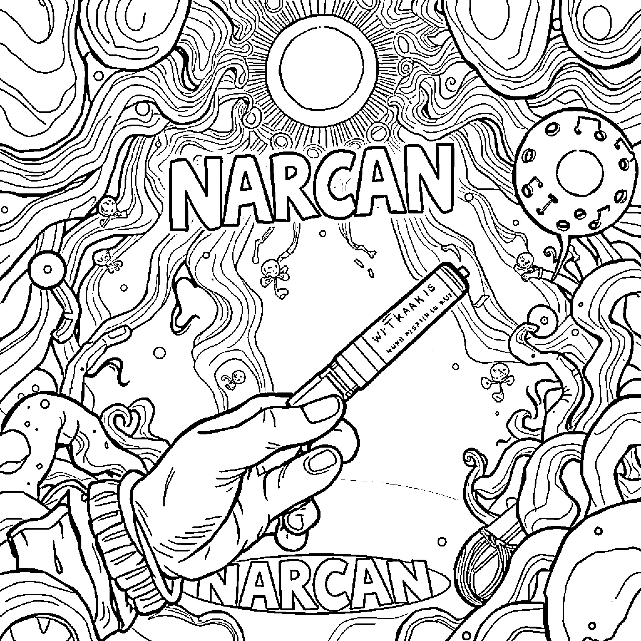 Narcan medical treatment amidst psychedelic imagery Coloring Page (free black-and-white line drawing printable PDF for all, from beginners to advanced learners, including children, teens, adults, and seniors)
