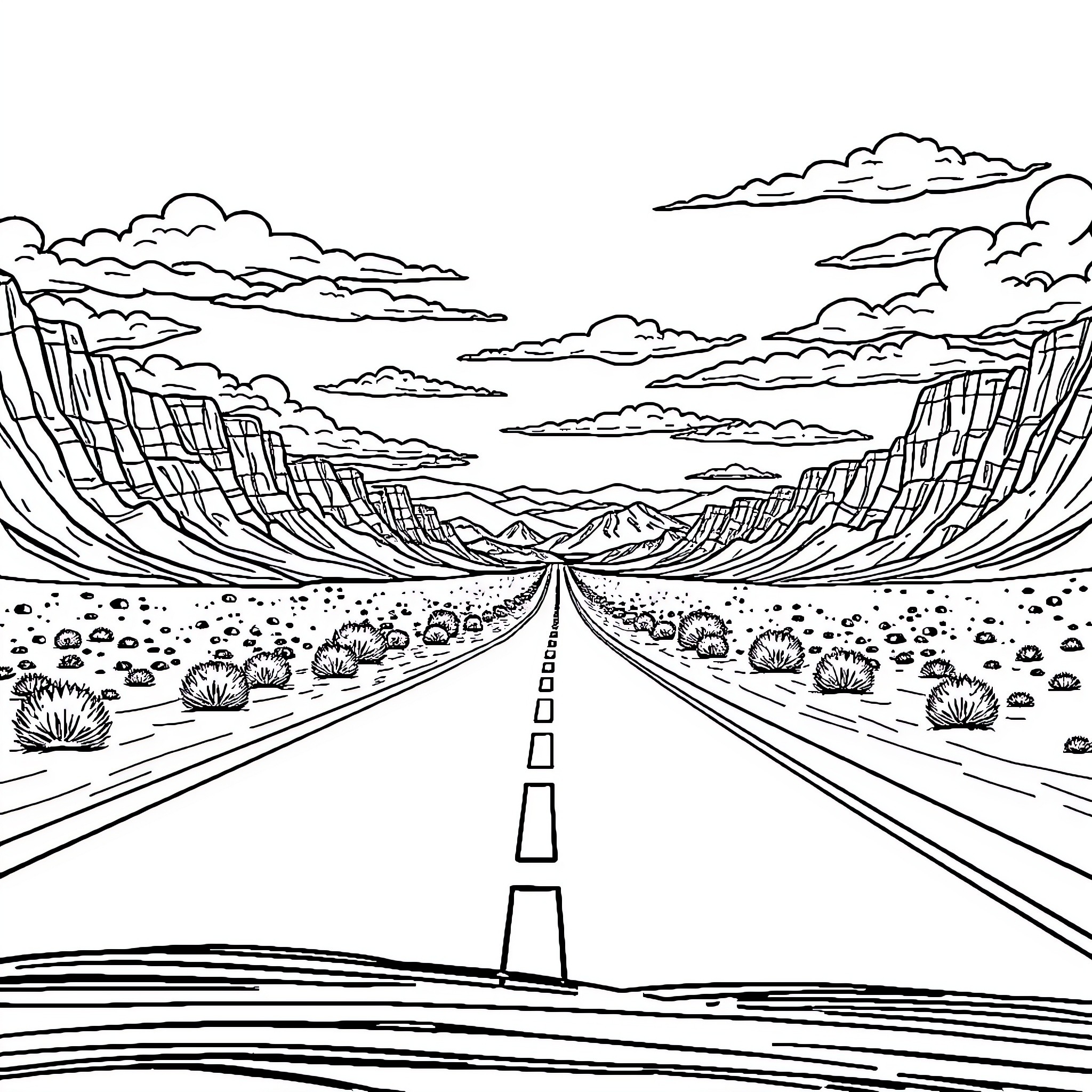 Road Trip Through Vast Landscape Coloring Page (free black-and-white line drawing printable PDF for all, from beginners to advanced learners, including children, teens, adults, and seniors)