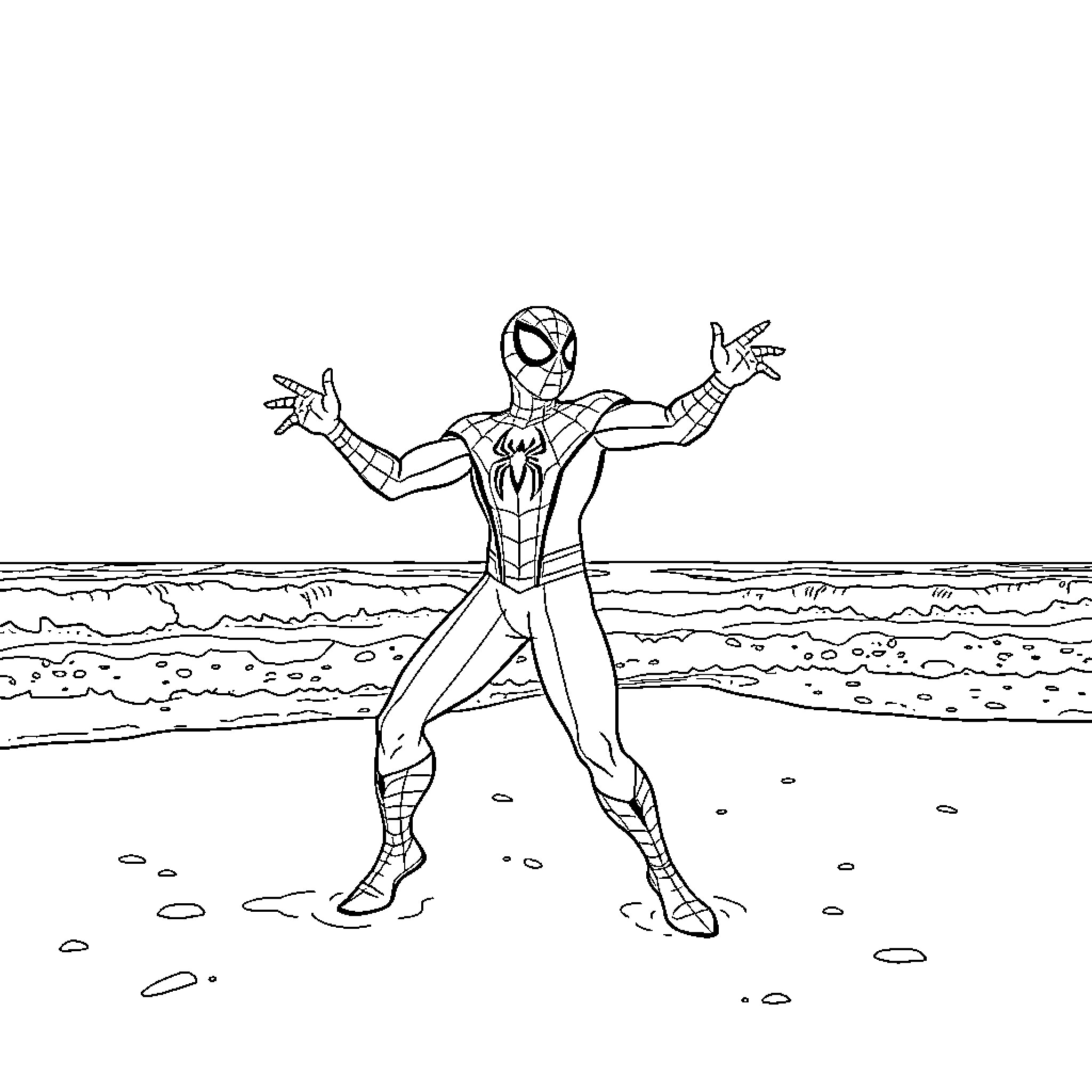 Spider-Man poses on the beach Coloring Page (free black-and-white line drawing printable PDF for all, from beginners to advanced learners, including children, teens, adults, and seniors)