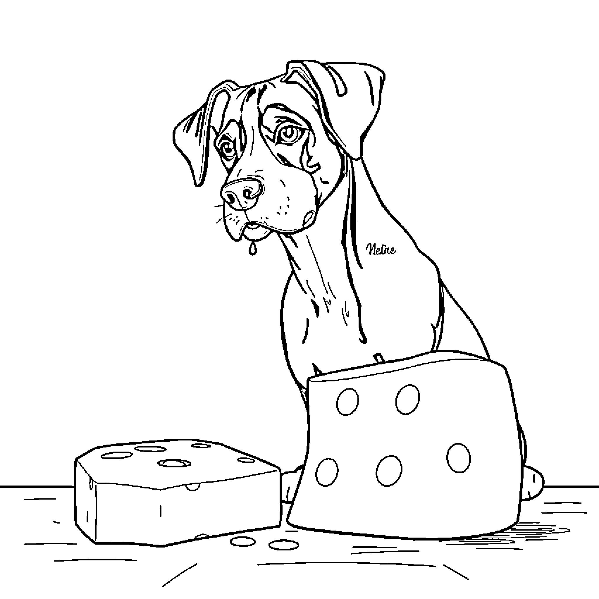 St. Dane playing with spotted blocks Coloring Page (free black-and-white line drawing printable PDF for all, from beginners to advanced learners, including children, teens, adults, and seniors)