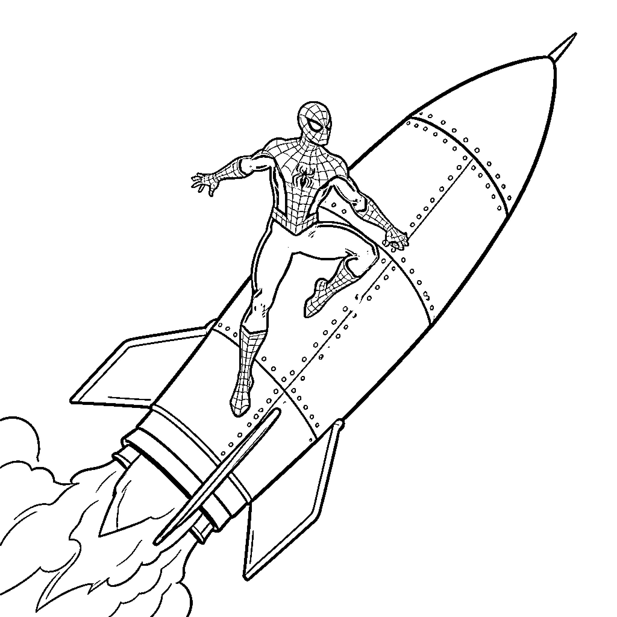 Spiderman riding a rocket soaring through the air Coloring Page (free black-and-white line drawing printable PDF for all, from beginners to advanced learners, including children, teens, adults, and seniors)