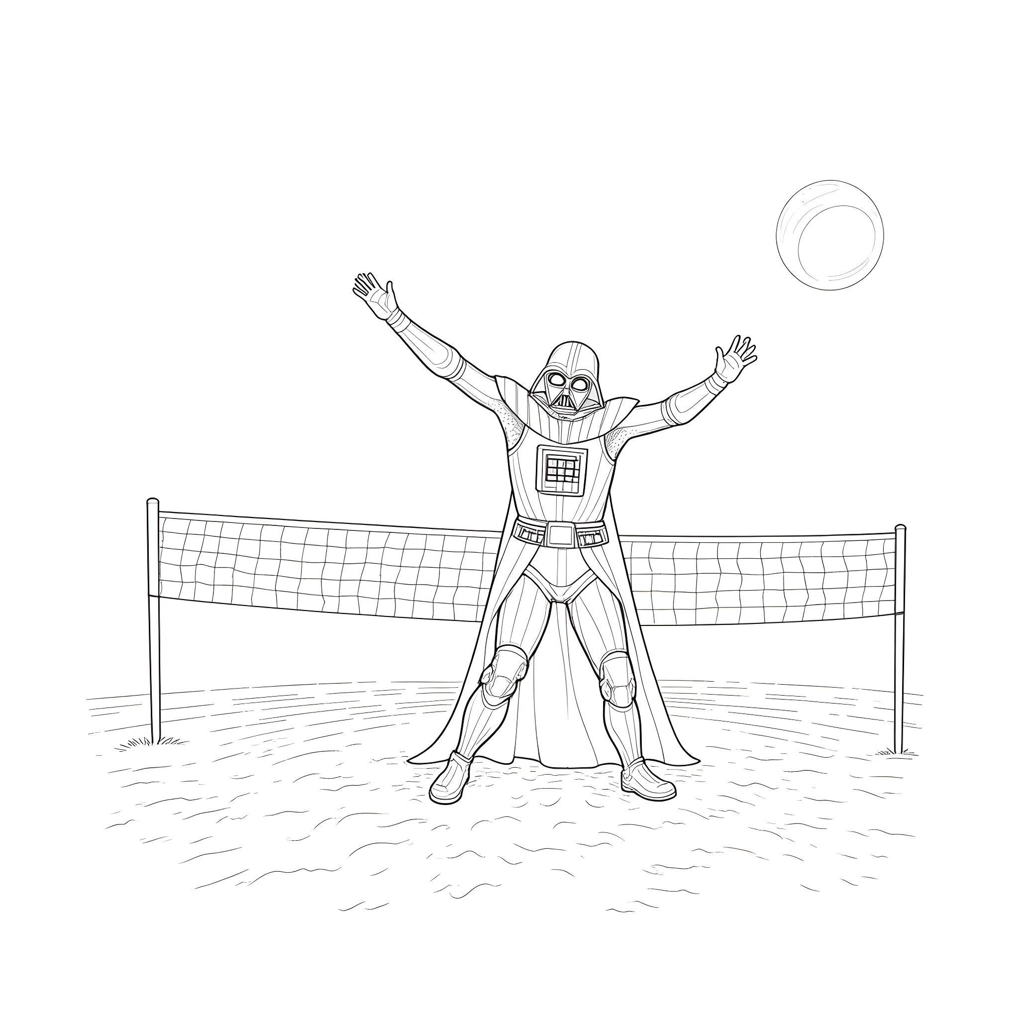 Darth Vader triumphantly stands on a volleyball court Coloring Page (free black-and-white line drawing printable PDF for all, from beginners to advanced learners, including children, teens, adults, and seniors)