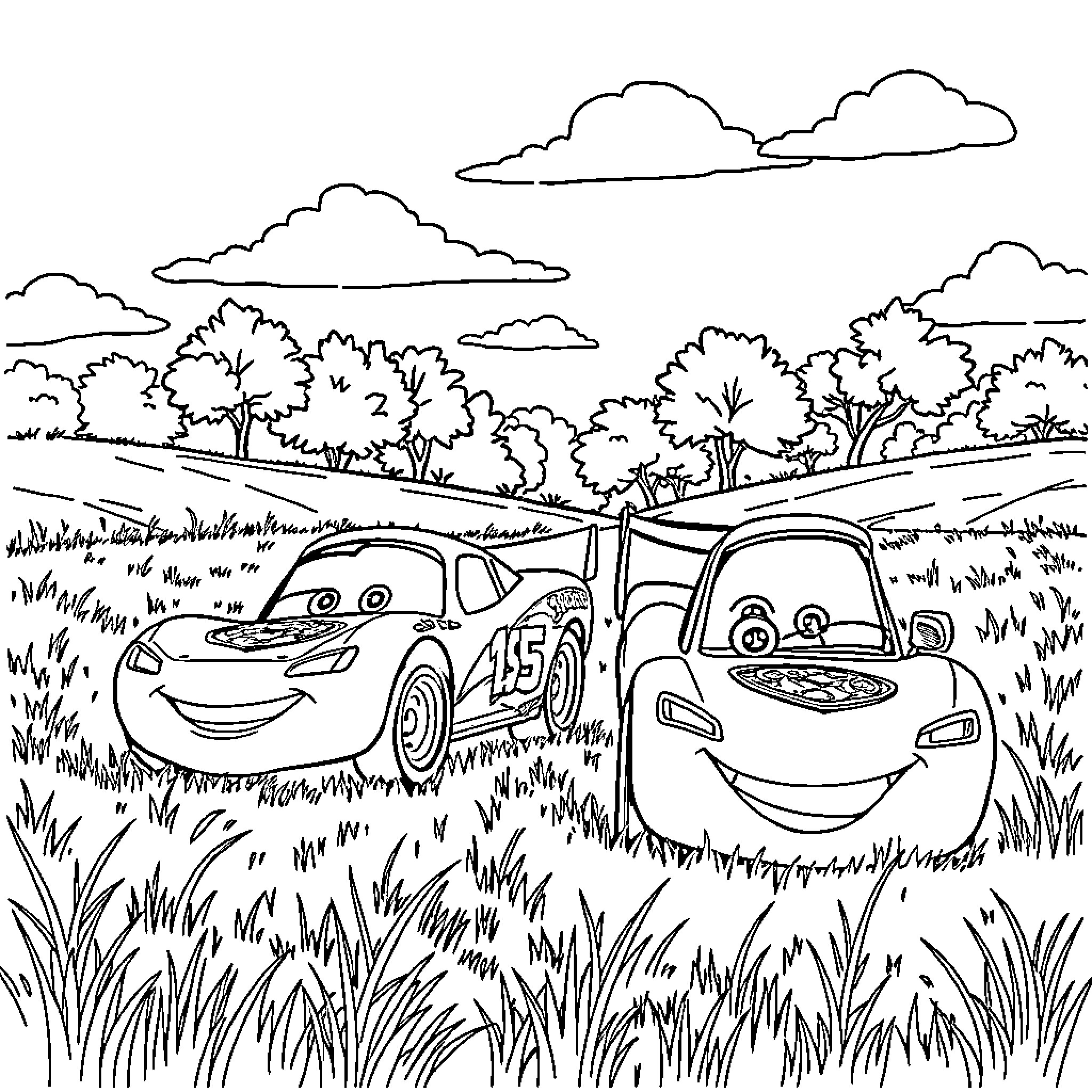 Lightning Strike Illuminates Playful Cars in Countryside Coloring Page (free black-and-white line drawing printable PDF for all, from beginners to advanced learners, including children, teens, adults, and seniors)