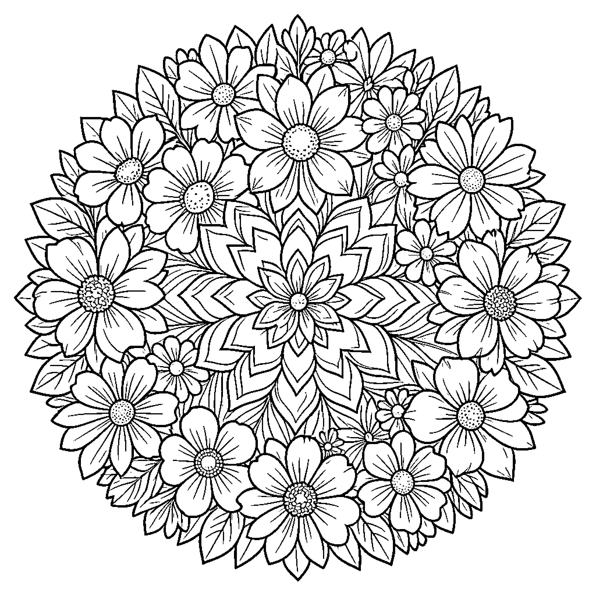 Flower Bouquet with Floral Patterns Coloring Page (free black-and-white line drawing printable PDF for all, from beginners to advanced learners, including children, teens, adults, and seniors)