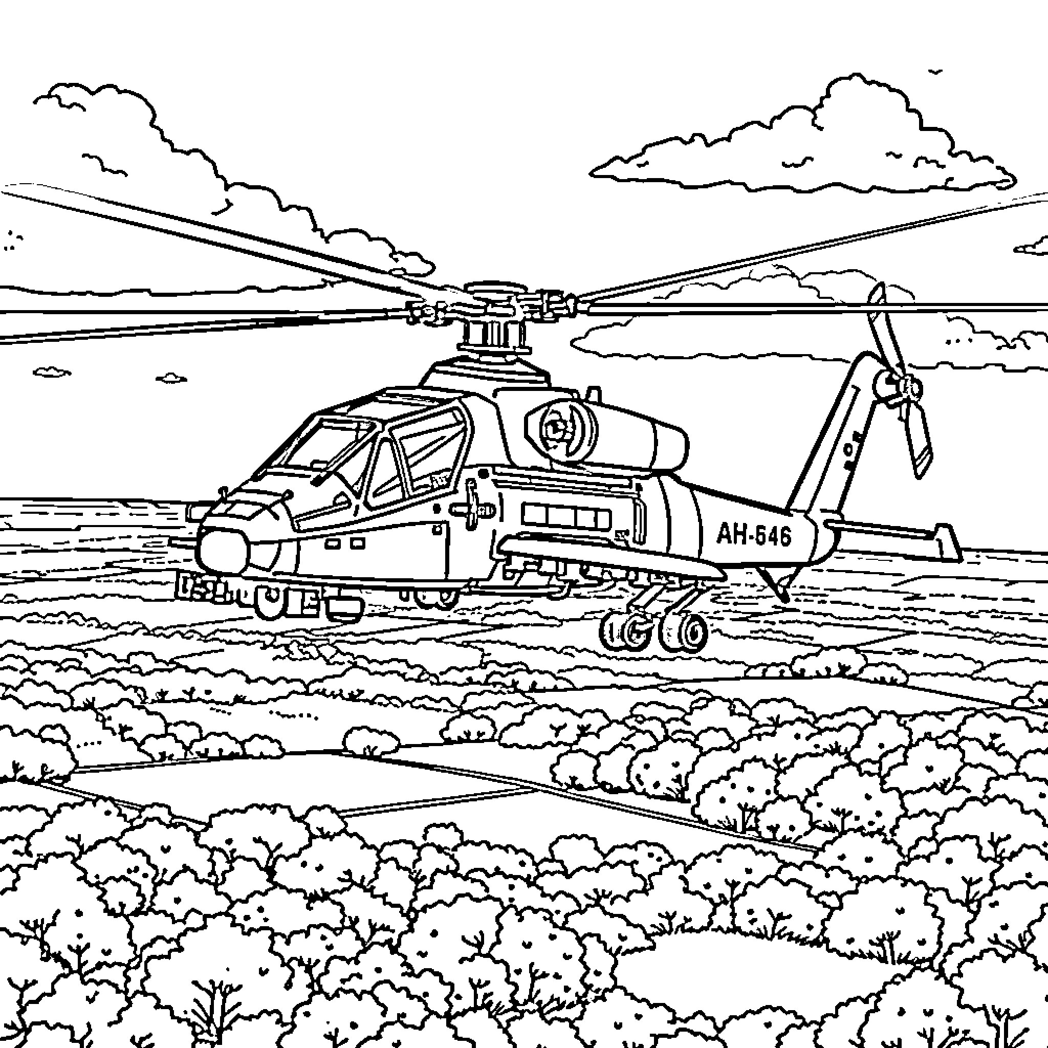 AH-64 Apache helicopter in flight over a wooded landscape Coloring Page (free black-and-white line drawing printable PDF for all, from beginners to advanced learners, including children, teens, adults, and seniors)
