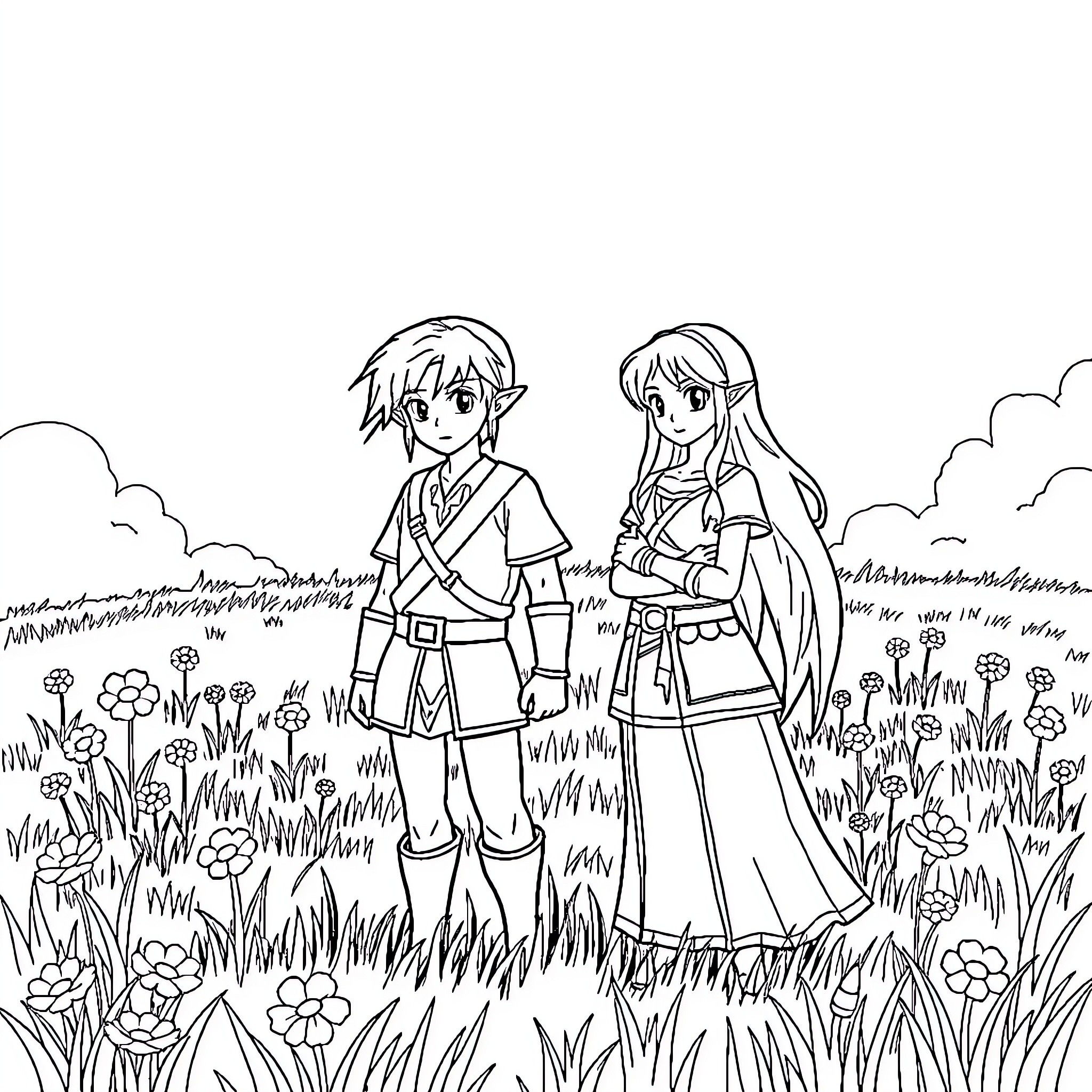 Link and Zelda exploring the lush meadow Coloring Page (free black-and-white line drawing printable PDF for all, from beginners to advanced learners, including children, teens, adults, and seniors)