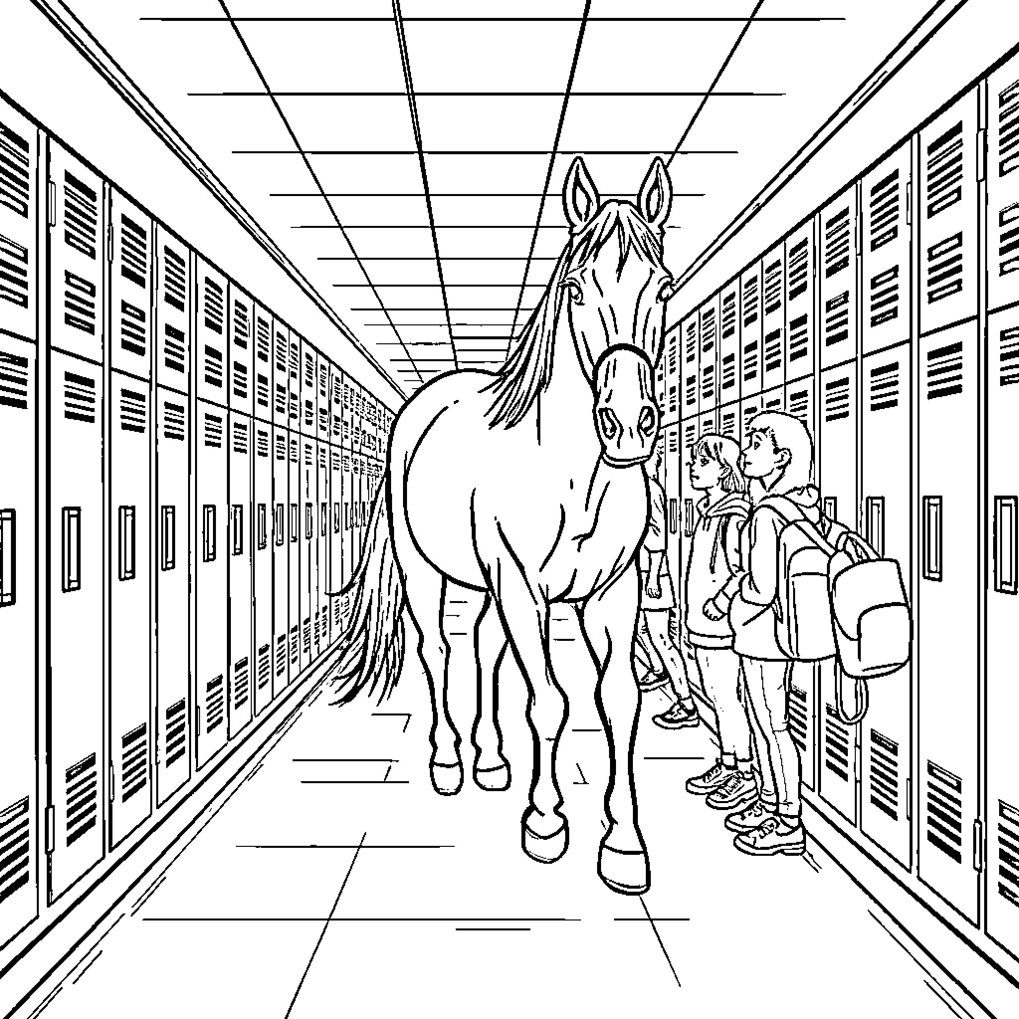 Horse in school hallway with students Coloring Page (free black-and-white line drawing printable PDF for all, from beginners to advanced learners, including children, teens, adults, and seniors)