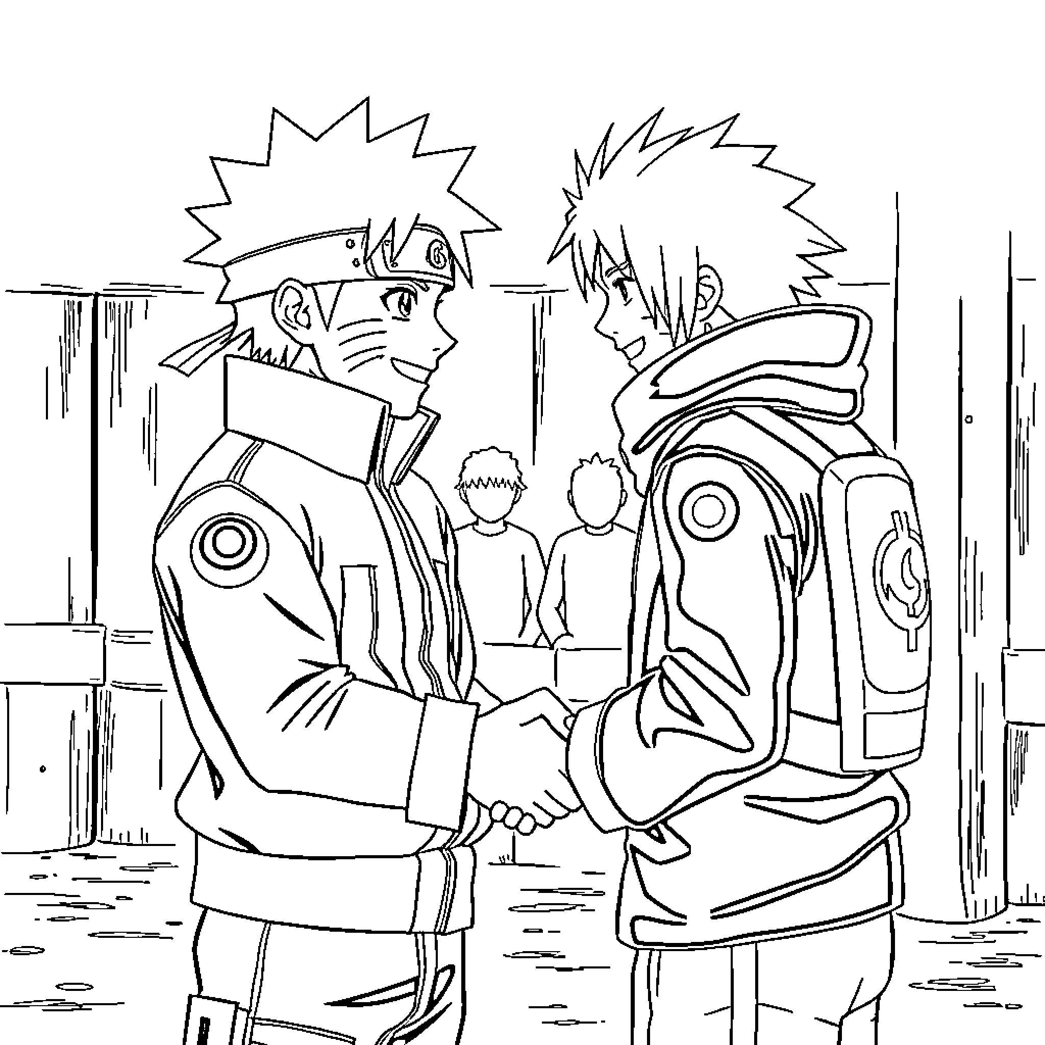 Naruto and Sasuke shaking hands with friendly expressions Coloring Page (free black-and-white line drawing printable PDF for all, from beginners to advanced learners, including children, teens, adults, and seniors)