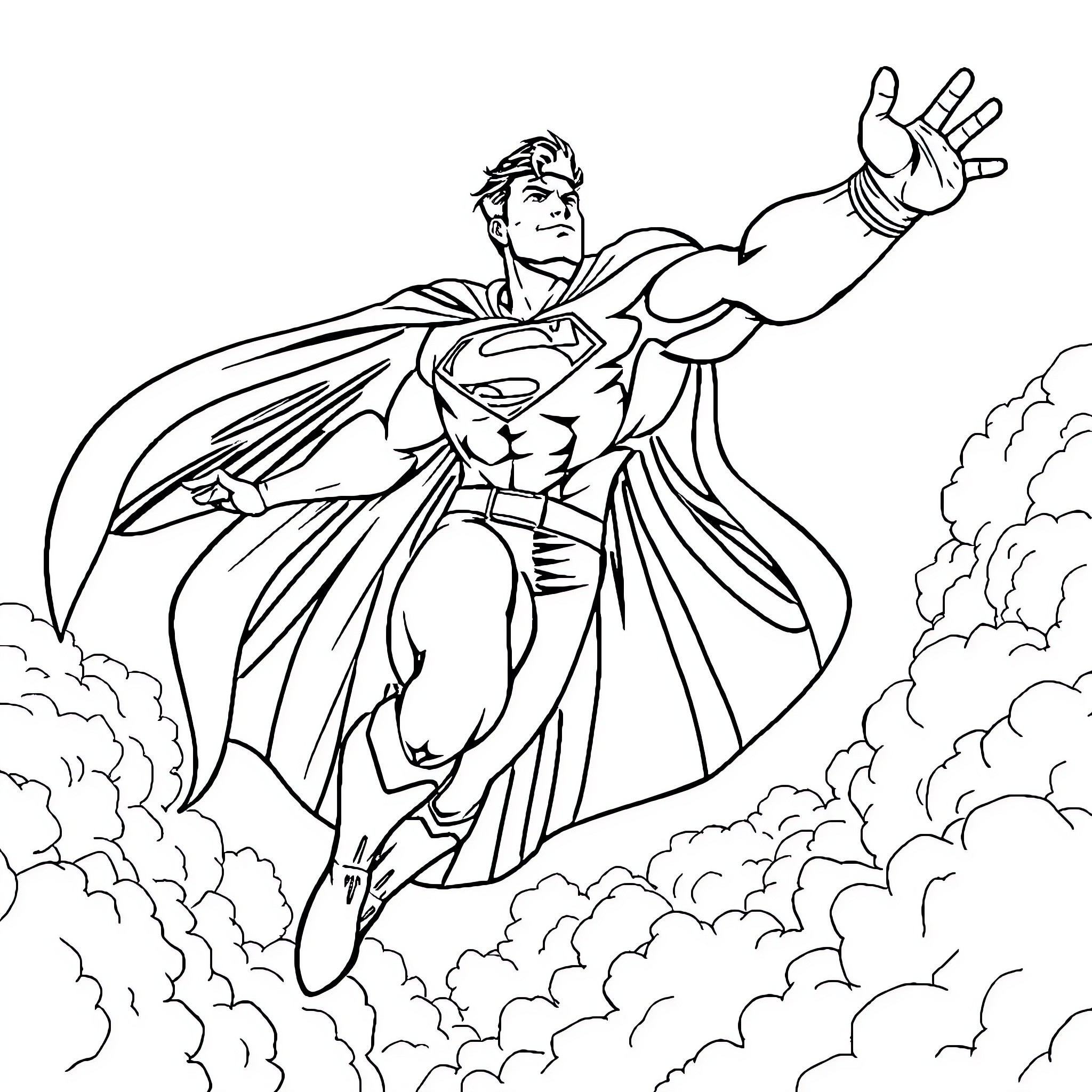 Superman flying through the clouds in action Coloring Page (free black-and-white line drawing printable PDF for all, from beginners to advanced learners, including children, teens, adults, and seniors)