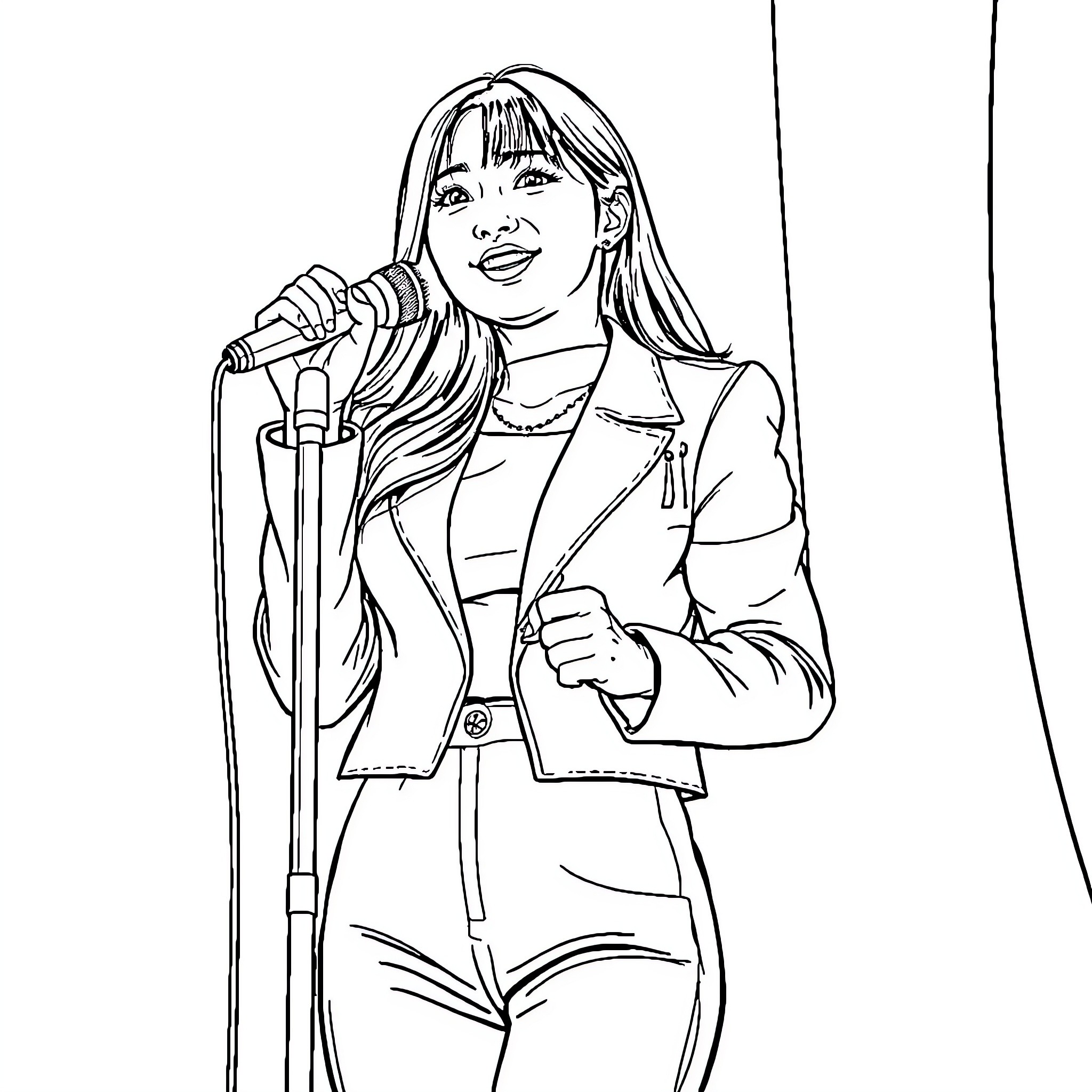 Soyeon singing on stage with a microphone Coloring Page (free black-and-white line drawing printable PDF for all, from beginners to advanced learners, including children, teens, adults, and seniors)