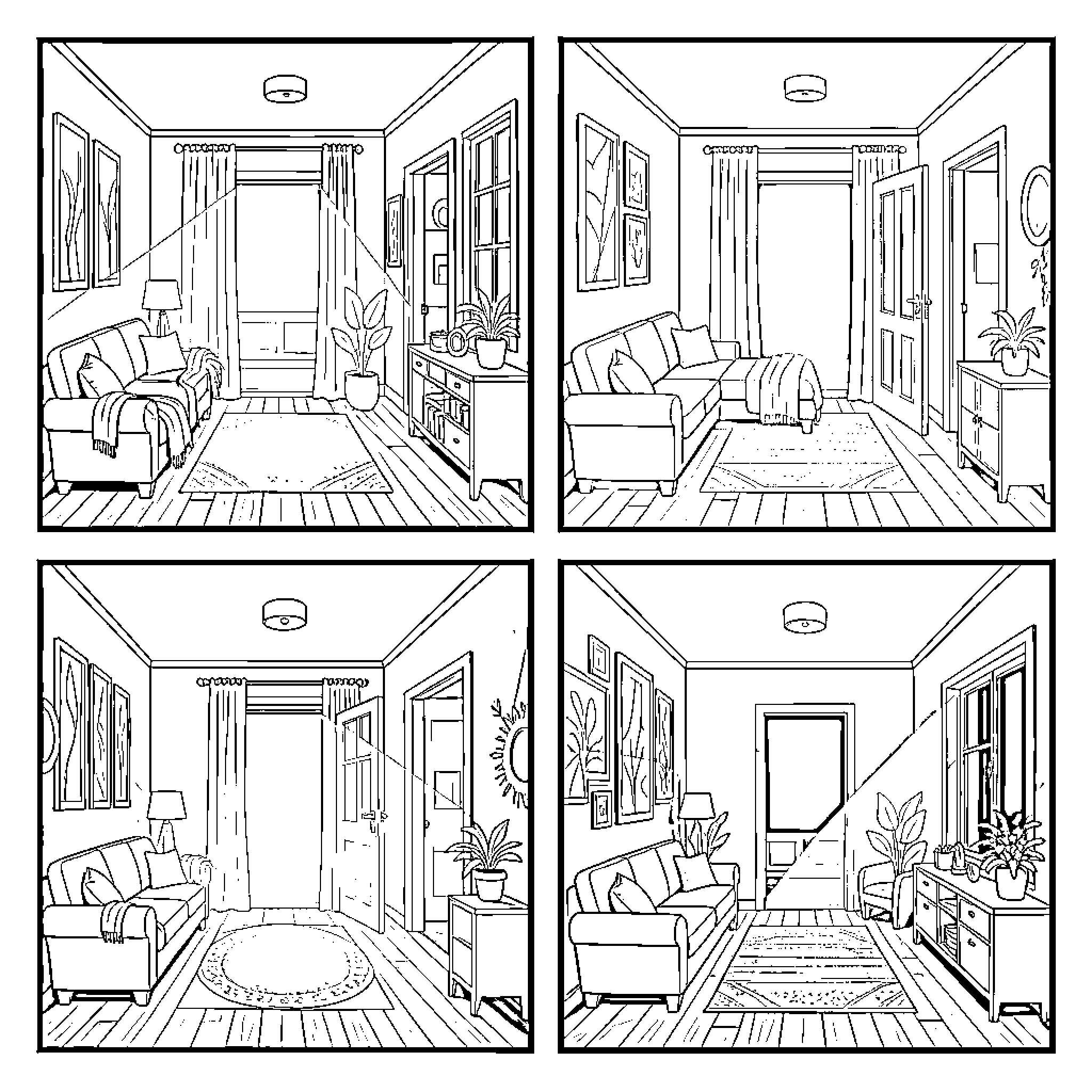 Light and Darkness illuminating different cozy living room scenes Coloring Page (free black-and-white line drawing printable PDF for all, from beginners to advanced learners, including children, teens, adults, and seniors)