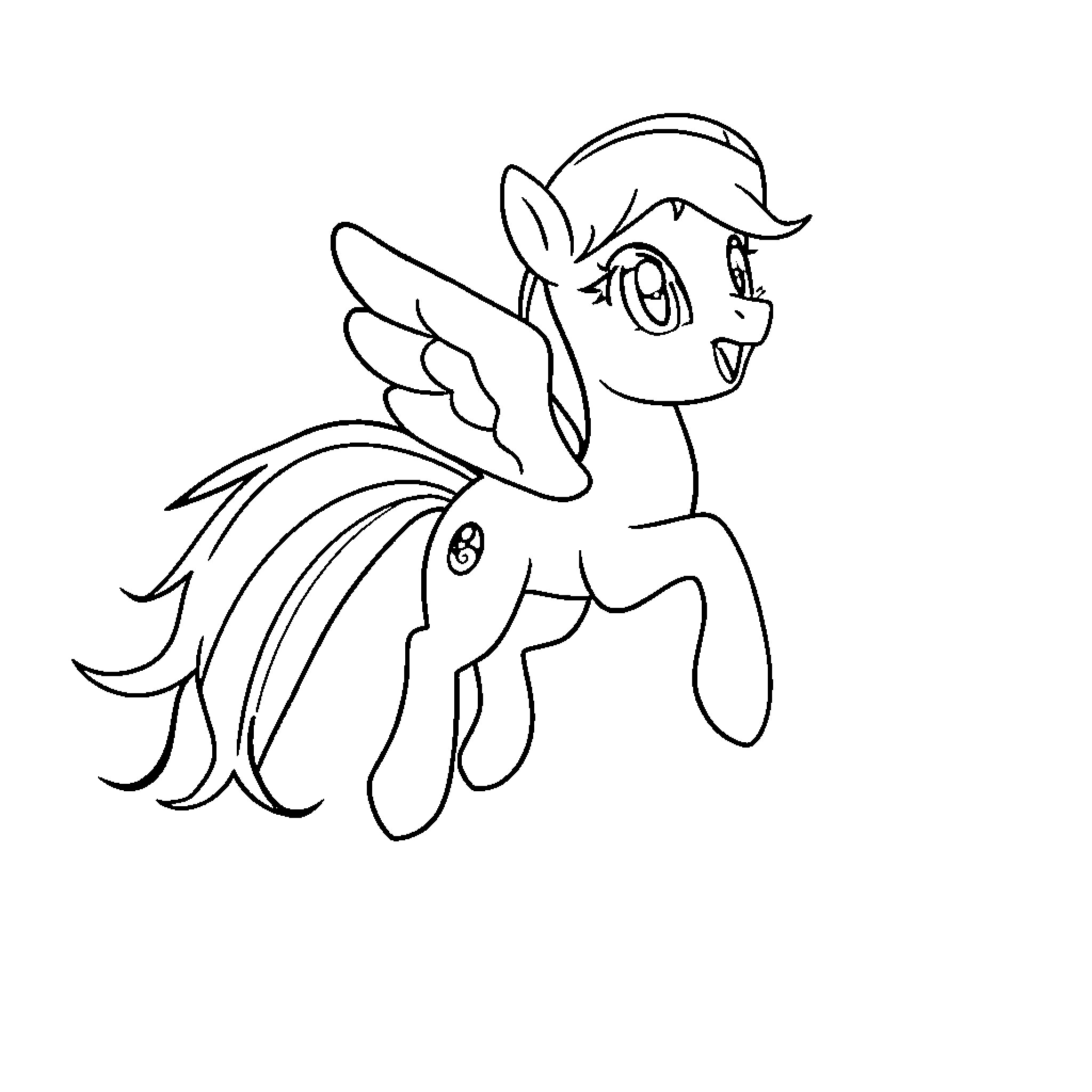Rainbow Dash in a joyful pose Coloring Page (free black-and-white line drawing printable PDF for all, from beginners to advanced learners, including children, teens, adults, and seniors)