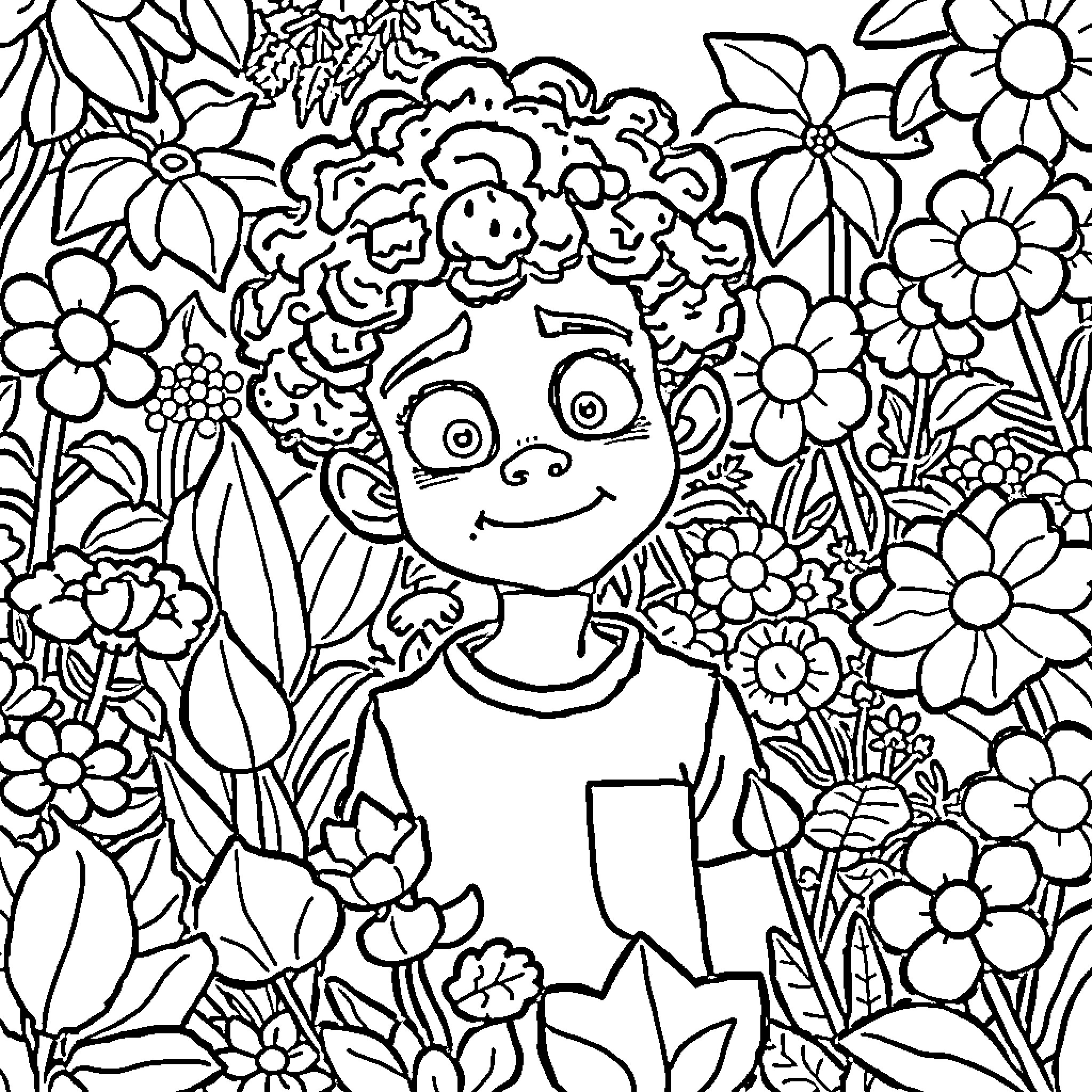 Boy surrounded by vibrant flowers and greenery Coloring Page (free black-and-white line drawing printable PDF for all, from beginners to advanced learners, including children, teens, adults, and seniors)