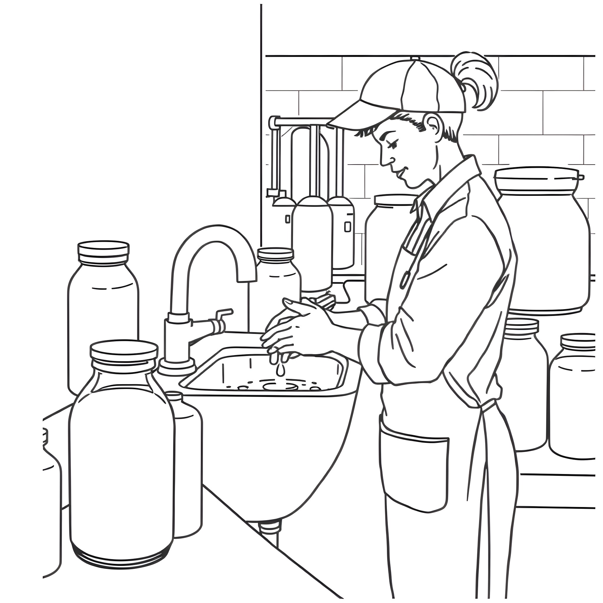 Hand washing dishes in kitchen Coloring Page (free black-and-white line drawing printable PDF for all, from beginners to advanced learners, including children, teens, adults, and seniors)