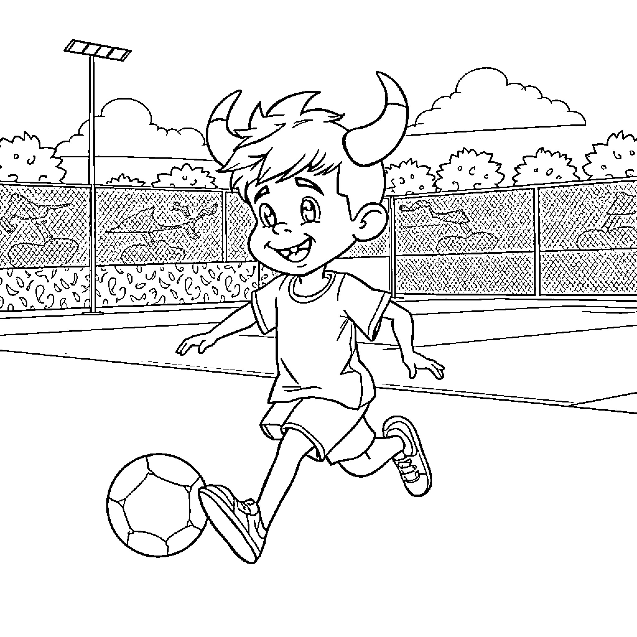 Niño playing happily with soccer ball on the field Coloring Page (free black-and-white line drawing printable PDF for all, from beginners to advanced learners, including children, teens, adults, and seniors)