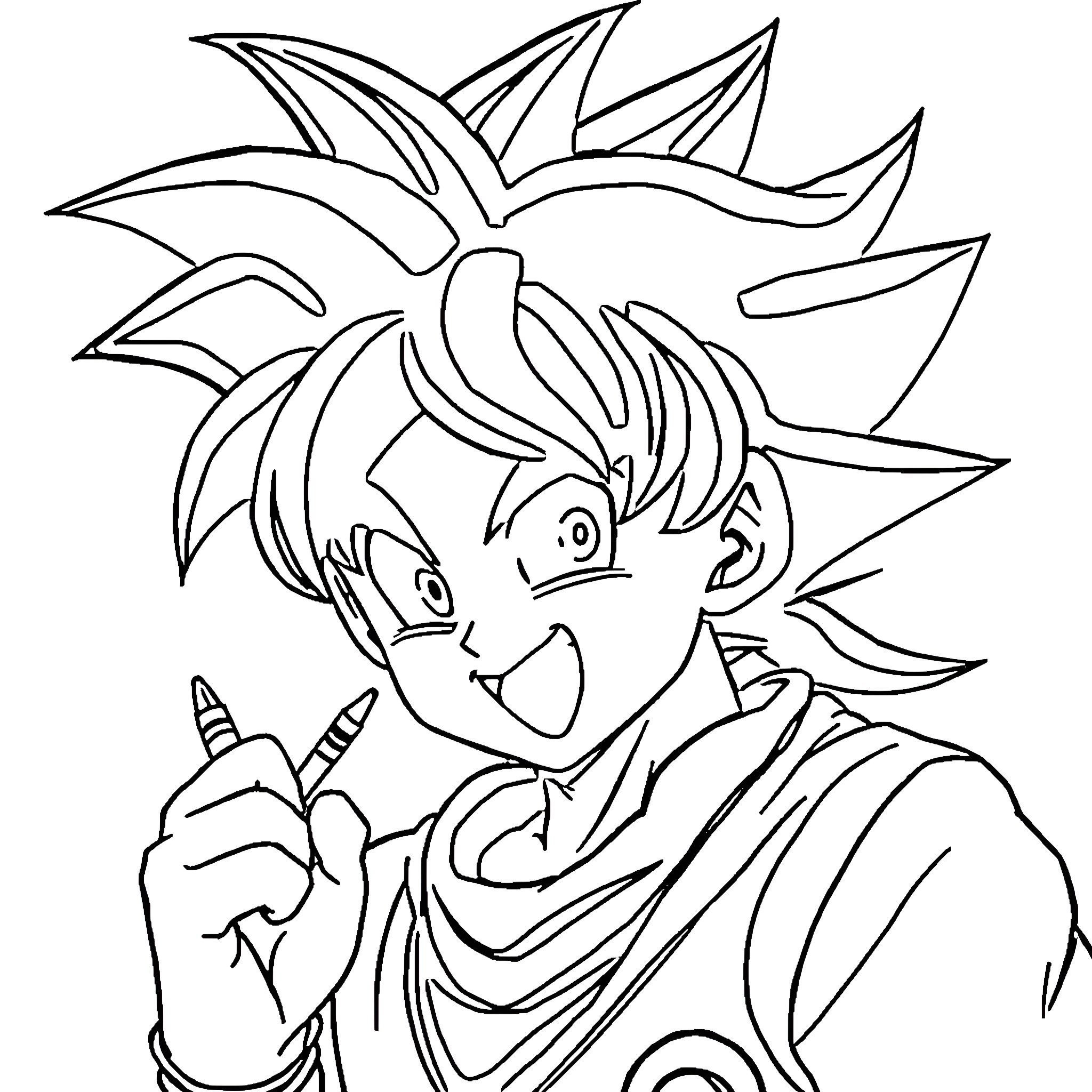 Goten's Energetic Expression and Pose Coloring Page (free black-and-white line drawing printable PDF for all, from beginners to advanced learners, including children, teens, adults, and seniors)