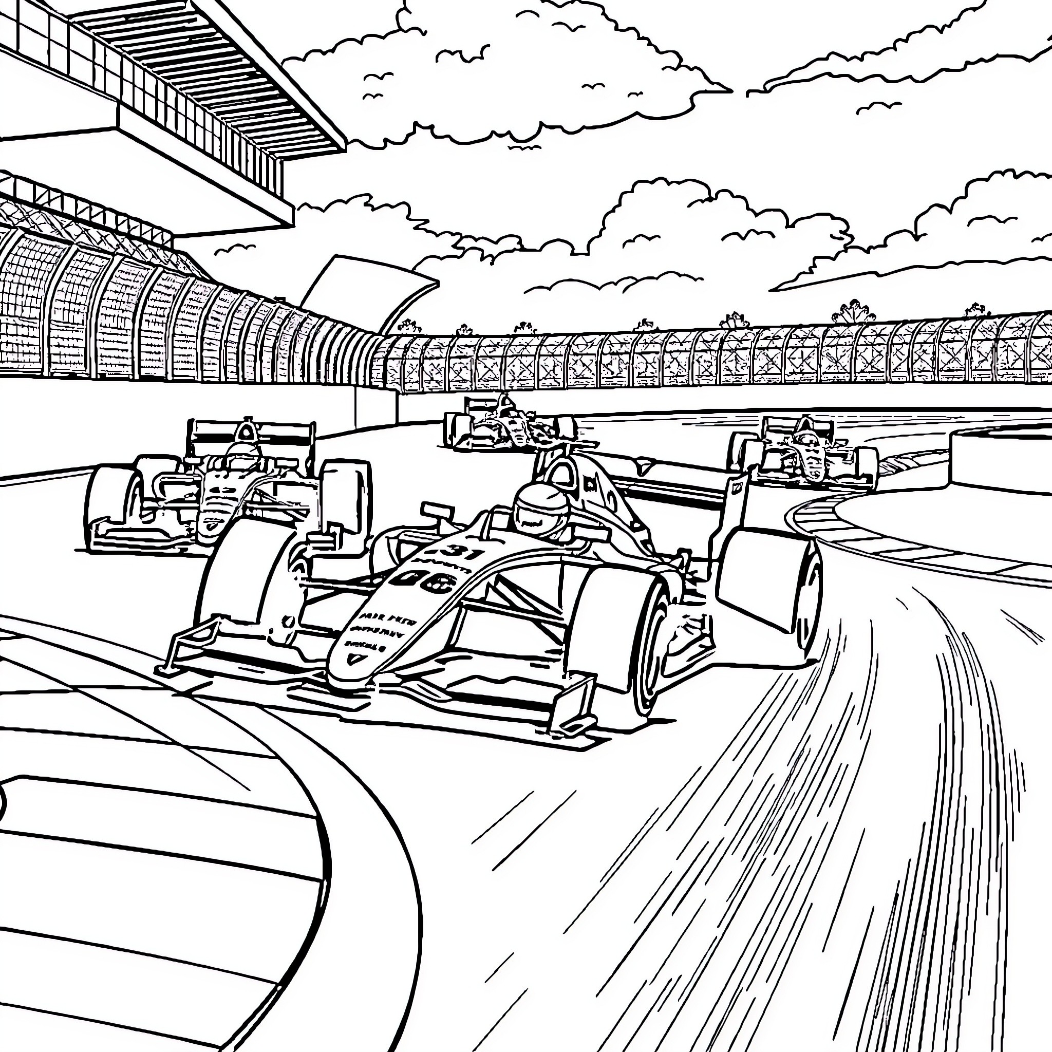 Formula1 Racing Vehicles on Circuit Track Coloring Page (free black-and-white line drawing printable PDF for all, from beginners to advanced learners, including children, teens, adults, and seniors)