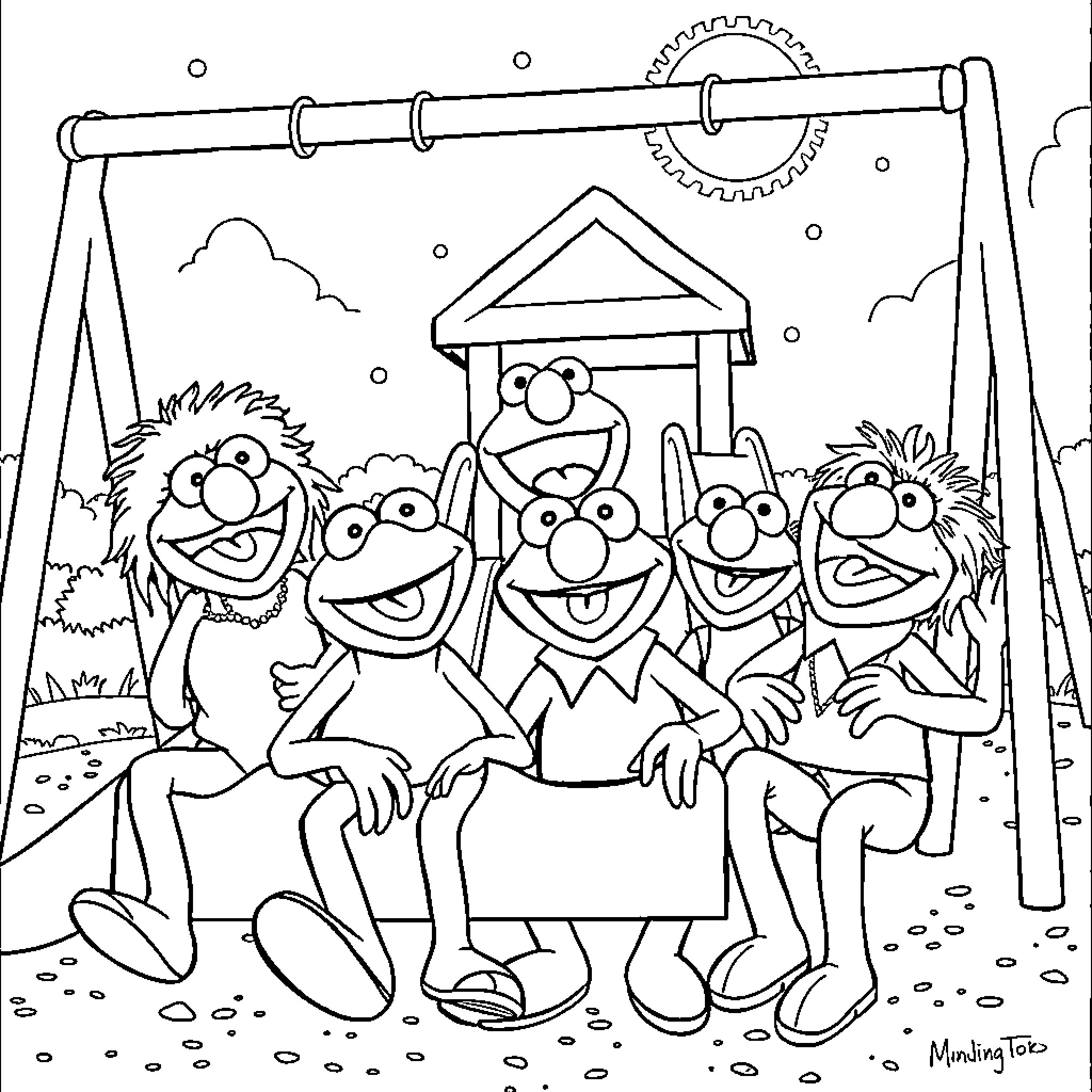Muppet friends enjoying playtime at the playground Coloring Page (free black-and-white line drawing printable PDF for all, from beginners to advanced learners, including children, teens, adults, and seniors)