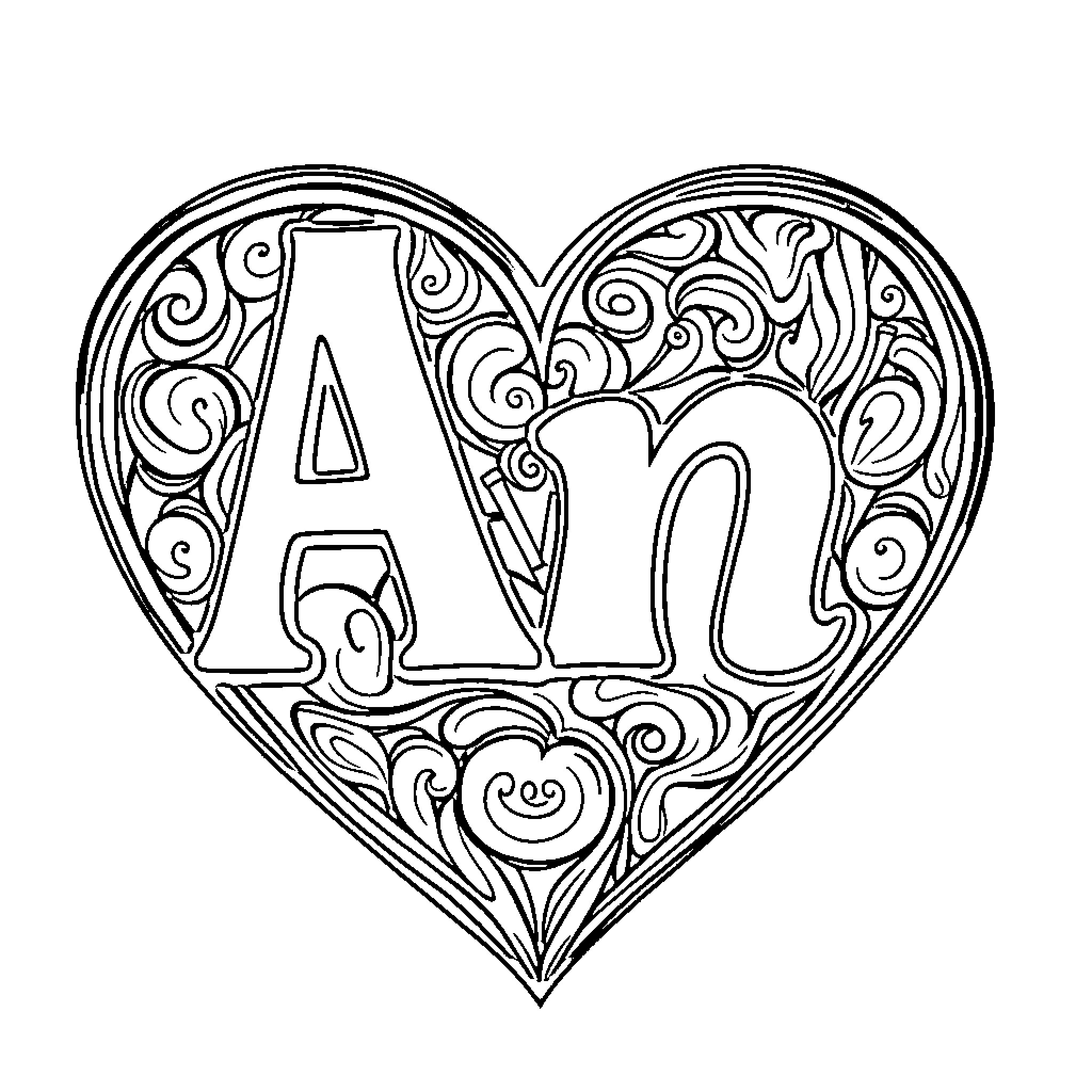 Heart-shaped monogram with decorative patterns Coloring Page (free black-and-white line drawing printable PDF for all, from beginners to advanced learners, including children, teens, adults, and seniors)