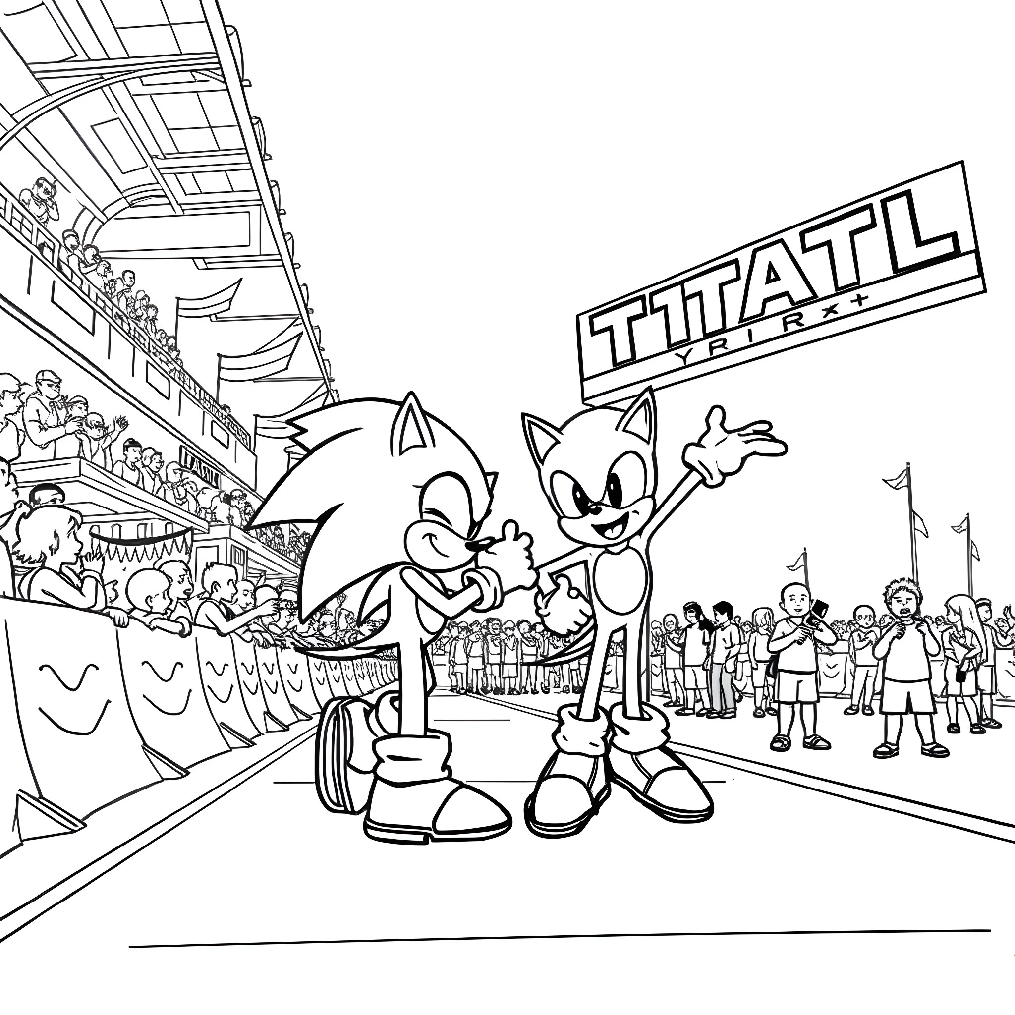 Kuromi enjoying the lively sports event with cheerful companions Coloring Page (free black-and-white line drawing printable PDF for all, from beginners to advanced learners, including children, teens, adults, and seniors)