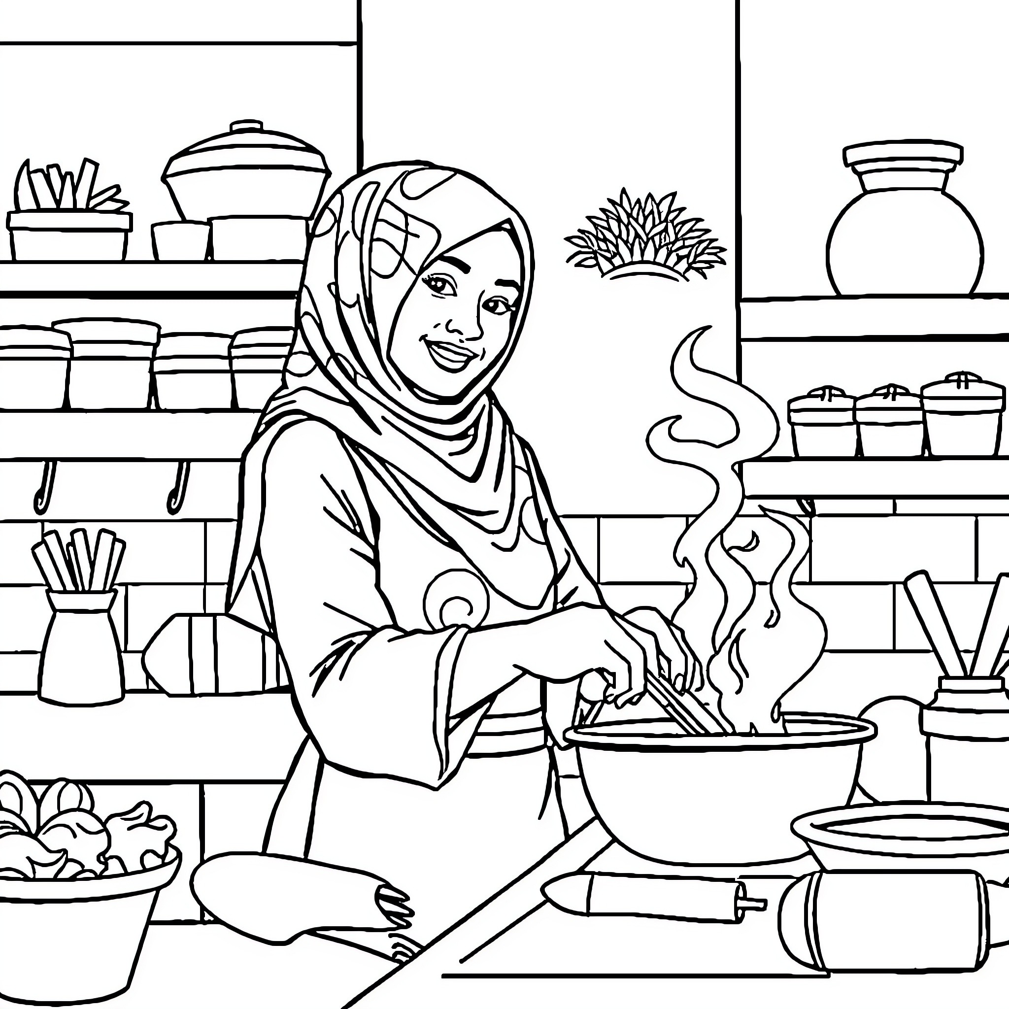 Hijabi woman cooking in a kitchen Coloring Page (free black-and-white line drawing printable PDF for all, from beginners to advanced learners, including children, teens, adults, and seniors)