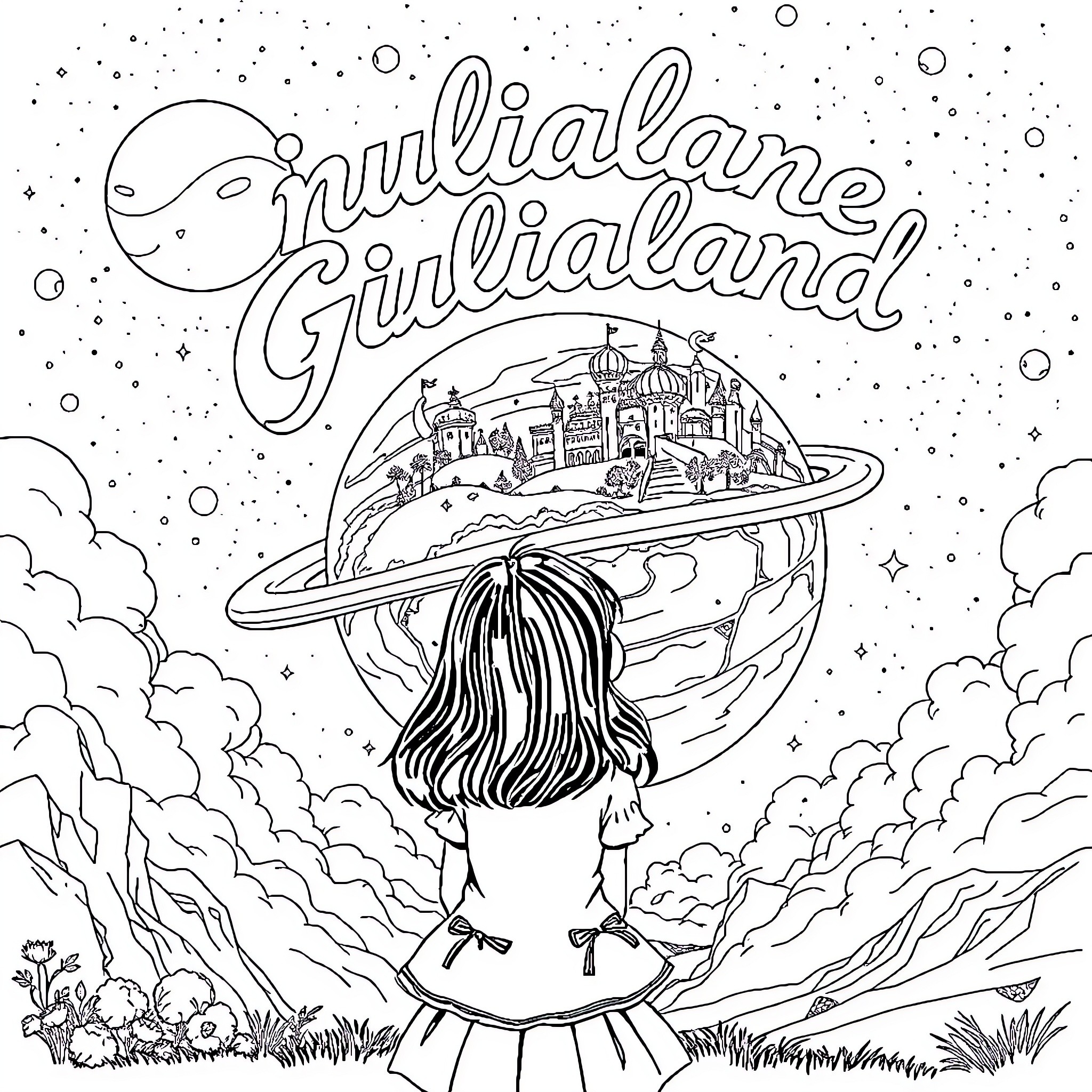 Girl in awe of miniature Girliand landscape Coloring Page (free black-and-white line drawing printable PDF for all, from beginners to advanced learners, including children, teens, adults, and seniors)