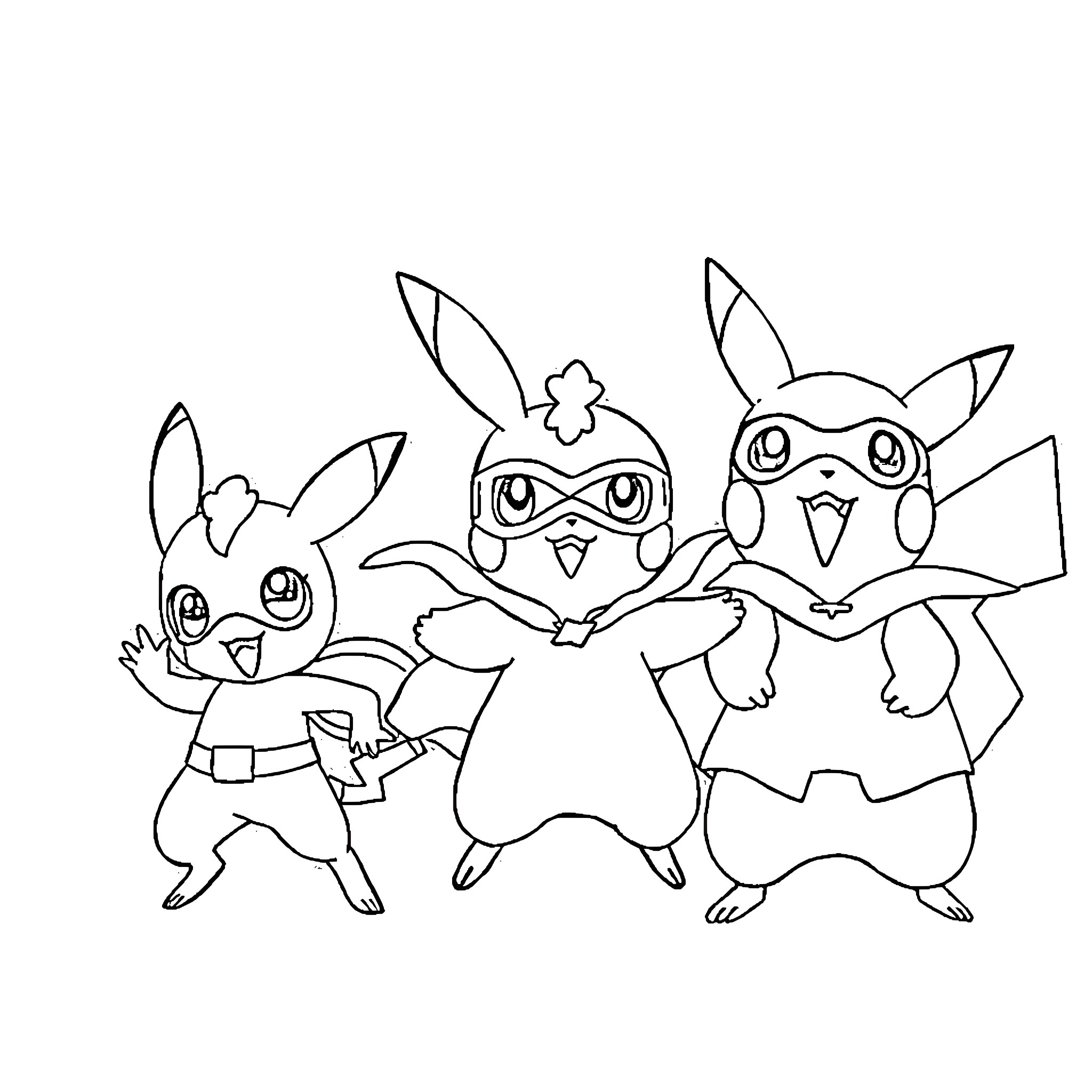 Pokémon characters in adventurous poses Coloring Page (free black-and-white line drawing printable PDF for all, from beginners to advanced learners, including children, teens, adults, and seniors)