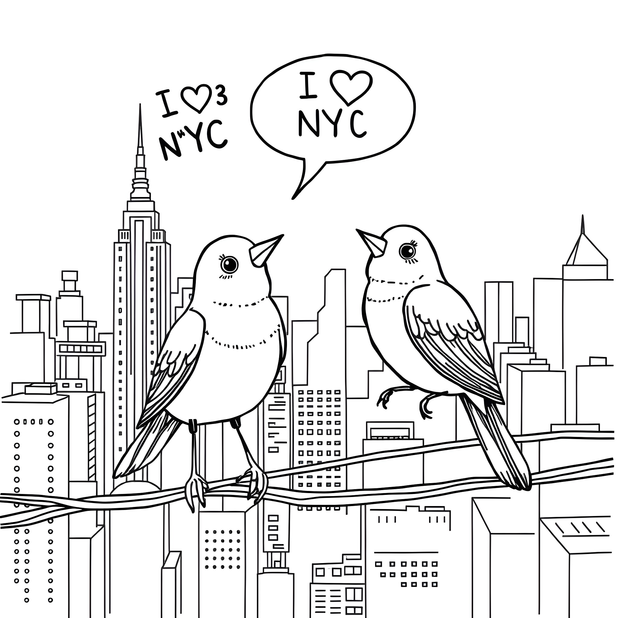 Birds admiring the NYC skyline Coloring Page (free black-and-white line drawing printable PDF for all, from beginners to advanced learners, including children, teens, adults, and seniors)