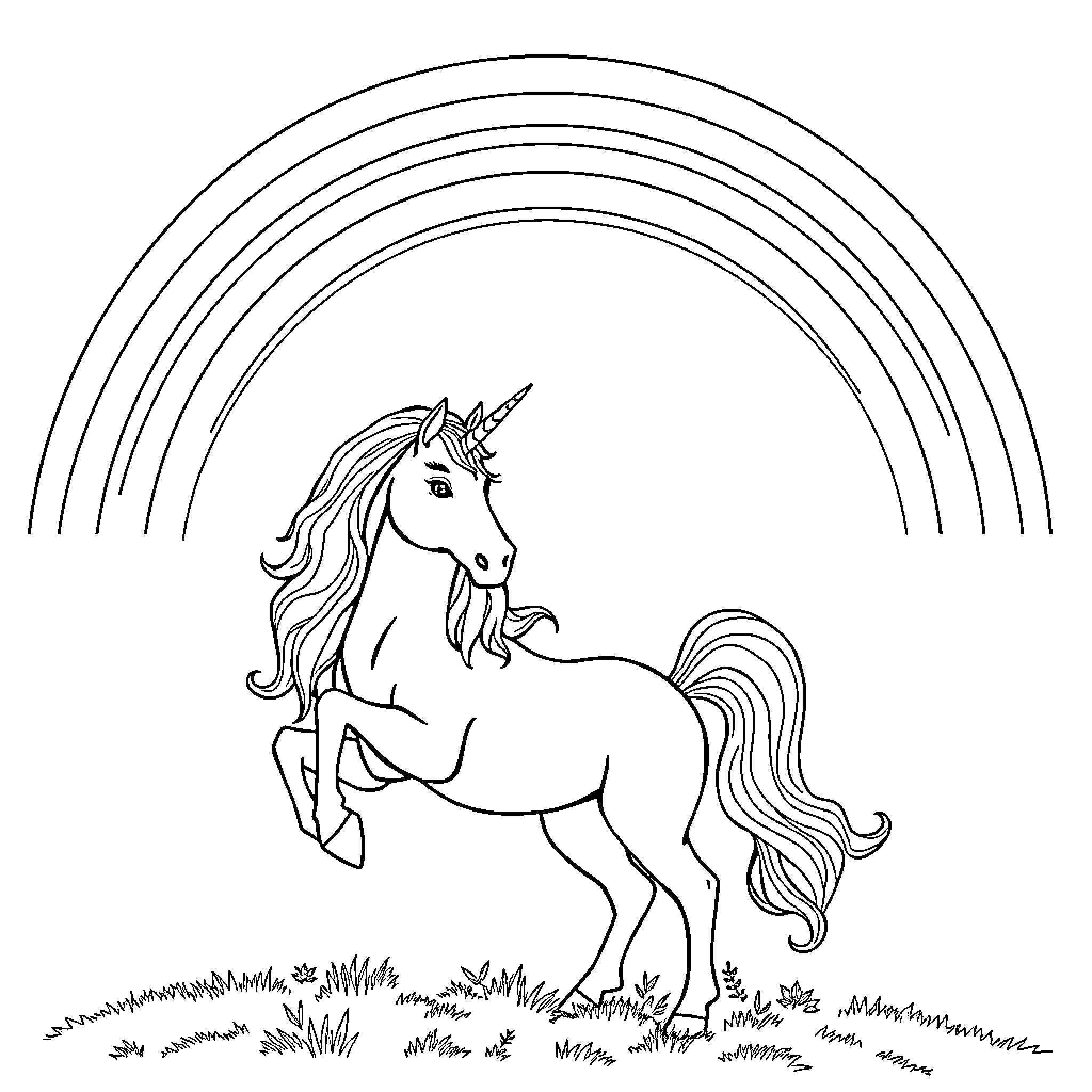 Unicorn galloping through a meadow with rainbow Coloring Page (free black-and-white line drawing printable PDF for all, from beginners to advanced learners, including children, teens, adults, and seniors)