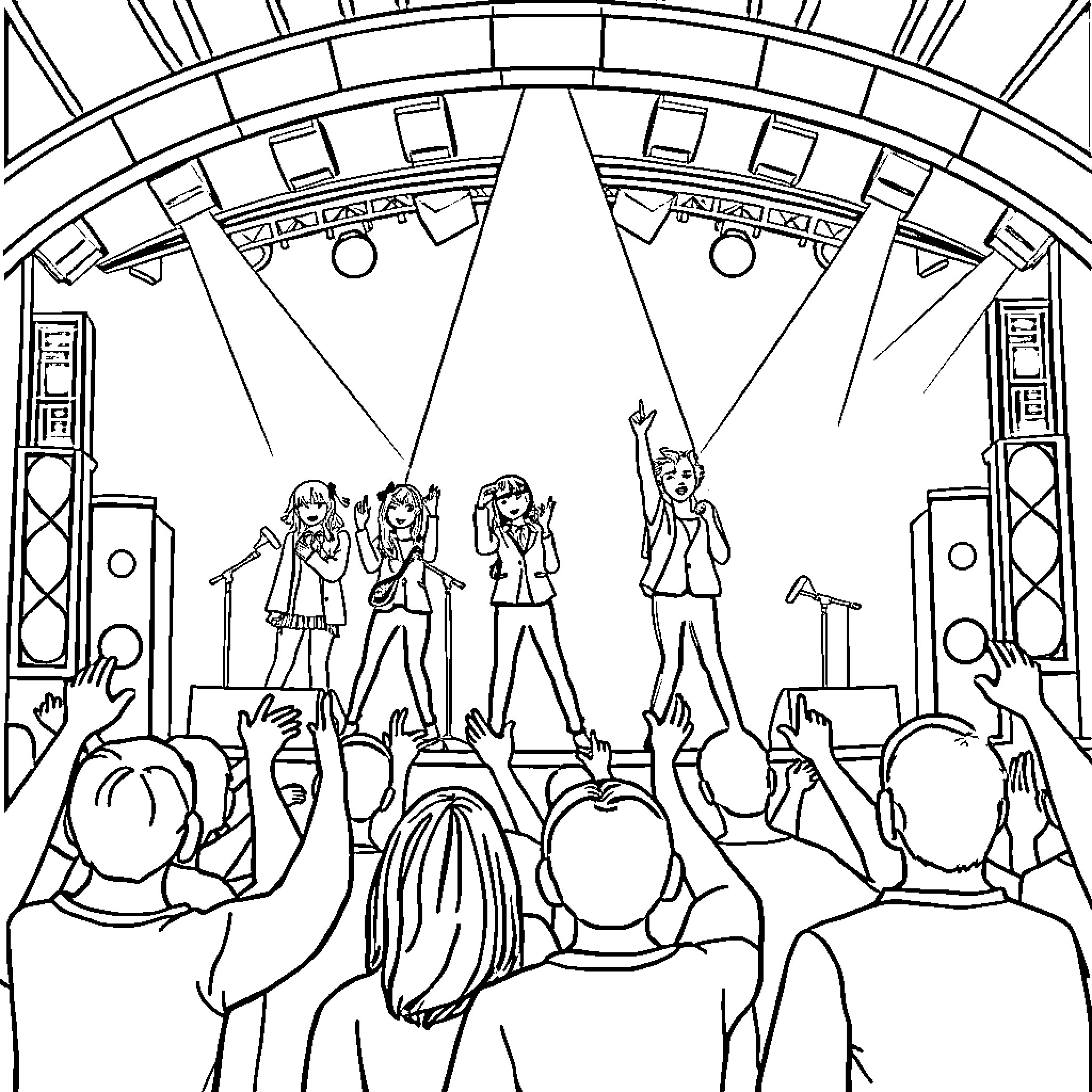 Kpop Performers Entertaining the Excited Crowd Coloring Page (free black-and-white line drawing printable PDF for all, from beginners to advanced learners, including children, teens, adults, and seniors)