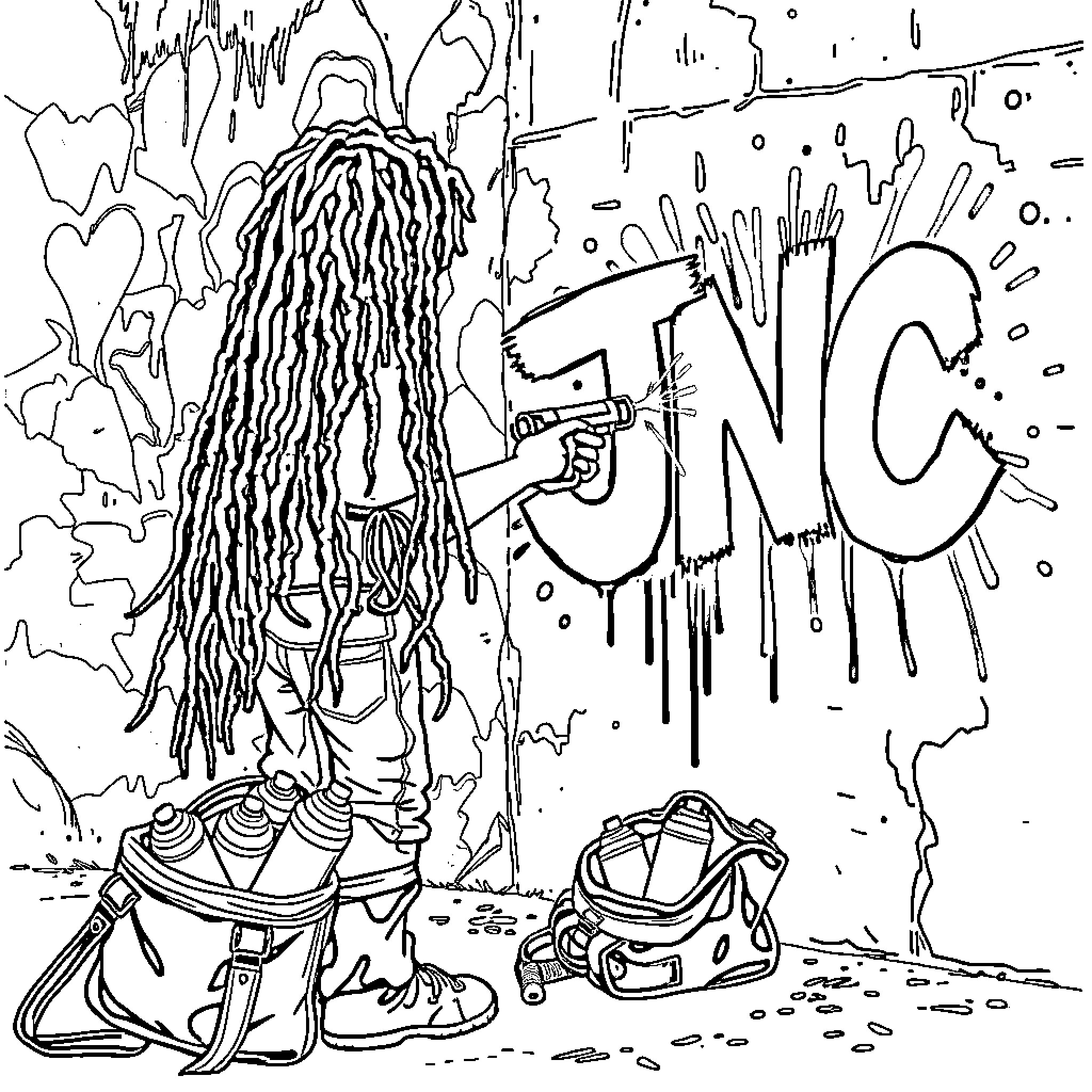 Kid expressing themselves through graffiti art Coloring Page (free black-and-white line drawing printable PDF for all, from beginners to advanced learners, including children, teens, adults, and seniors)