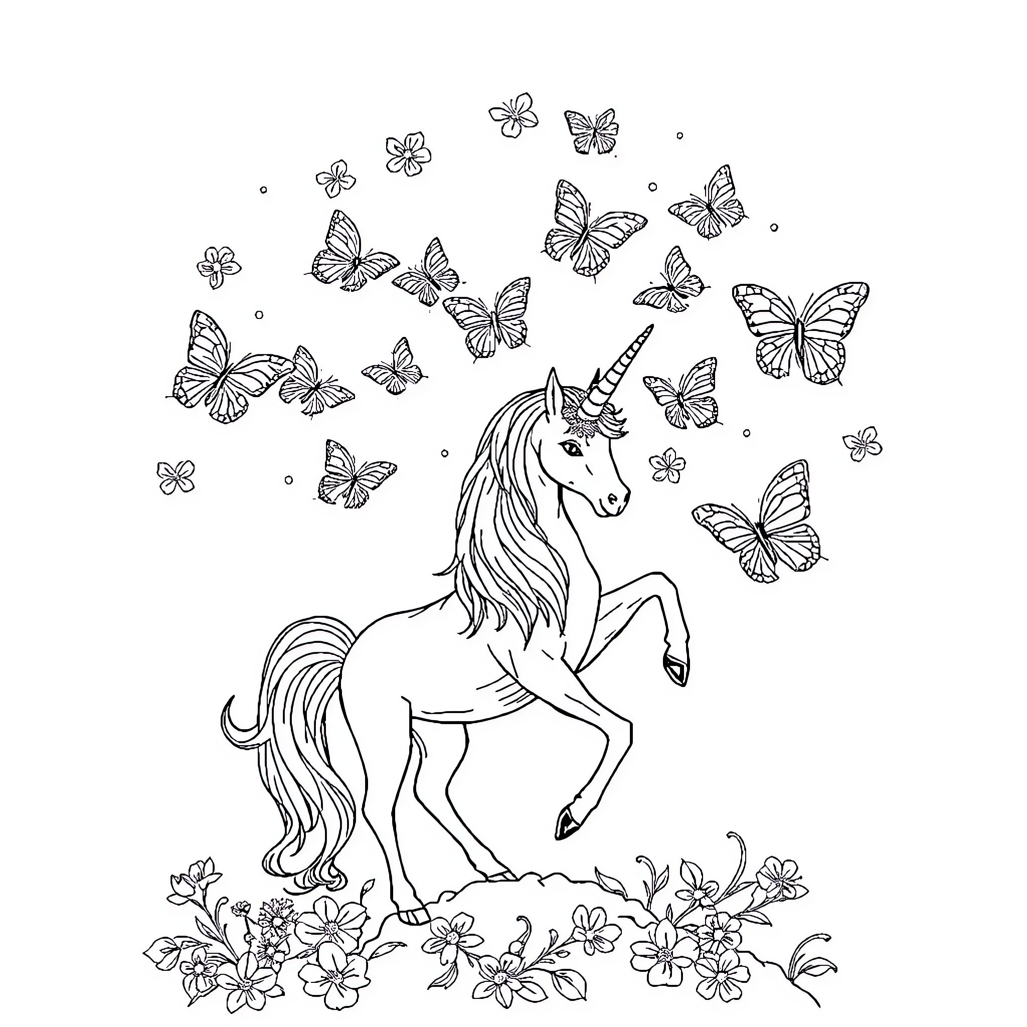 Unicorn surrounded by magical butterflies and flowers Coloring Page (free black-and-white line drawing printable PDF for all, from beginners to advanced learners, including children, teens, adults, and seniors)