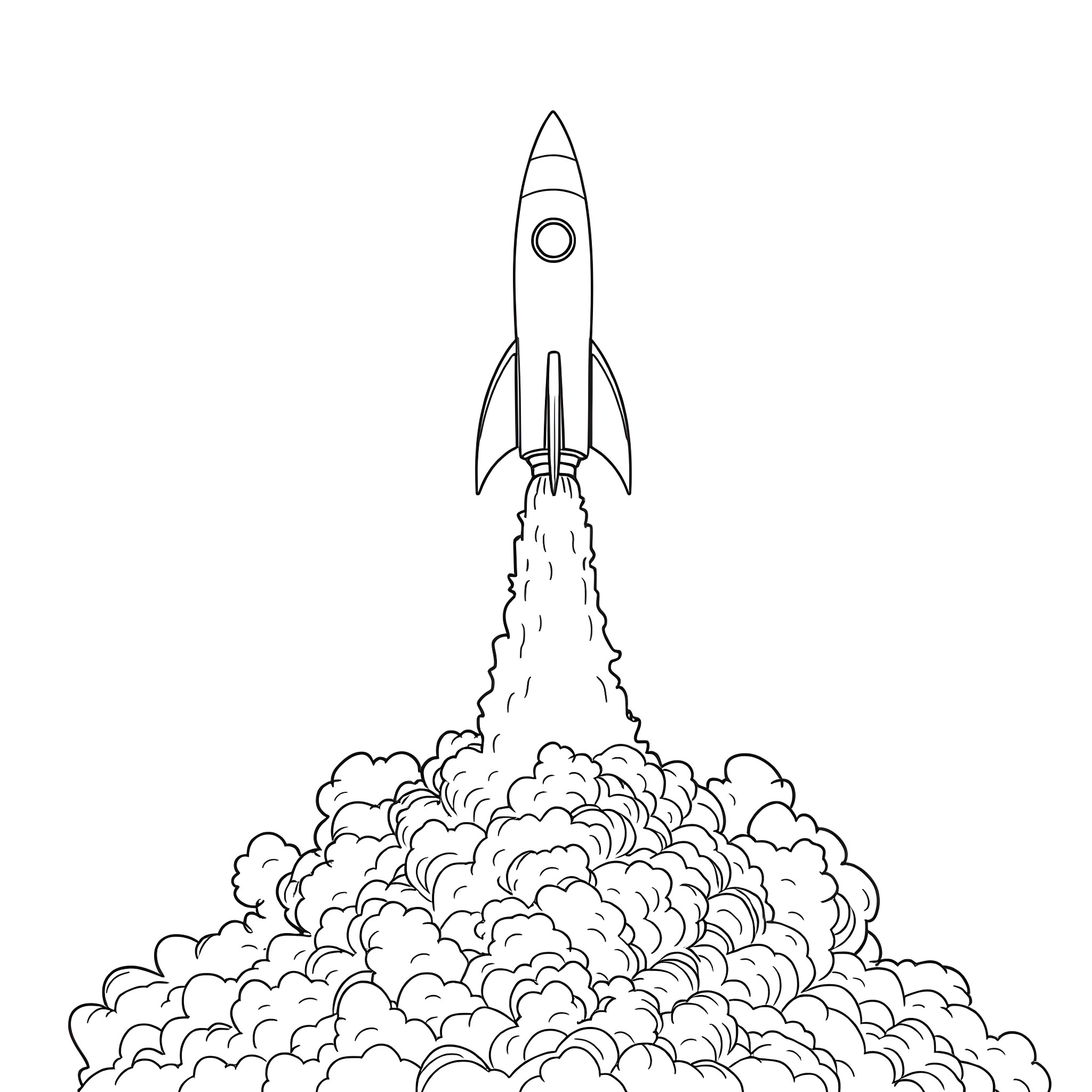 Rocket launching with plumes of smoke Coloring Page (free black-and-white line drawing printable PDF for all, from beginners to advanced learners, including children, teens, adults, and seniors)