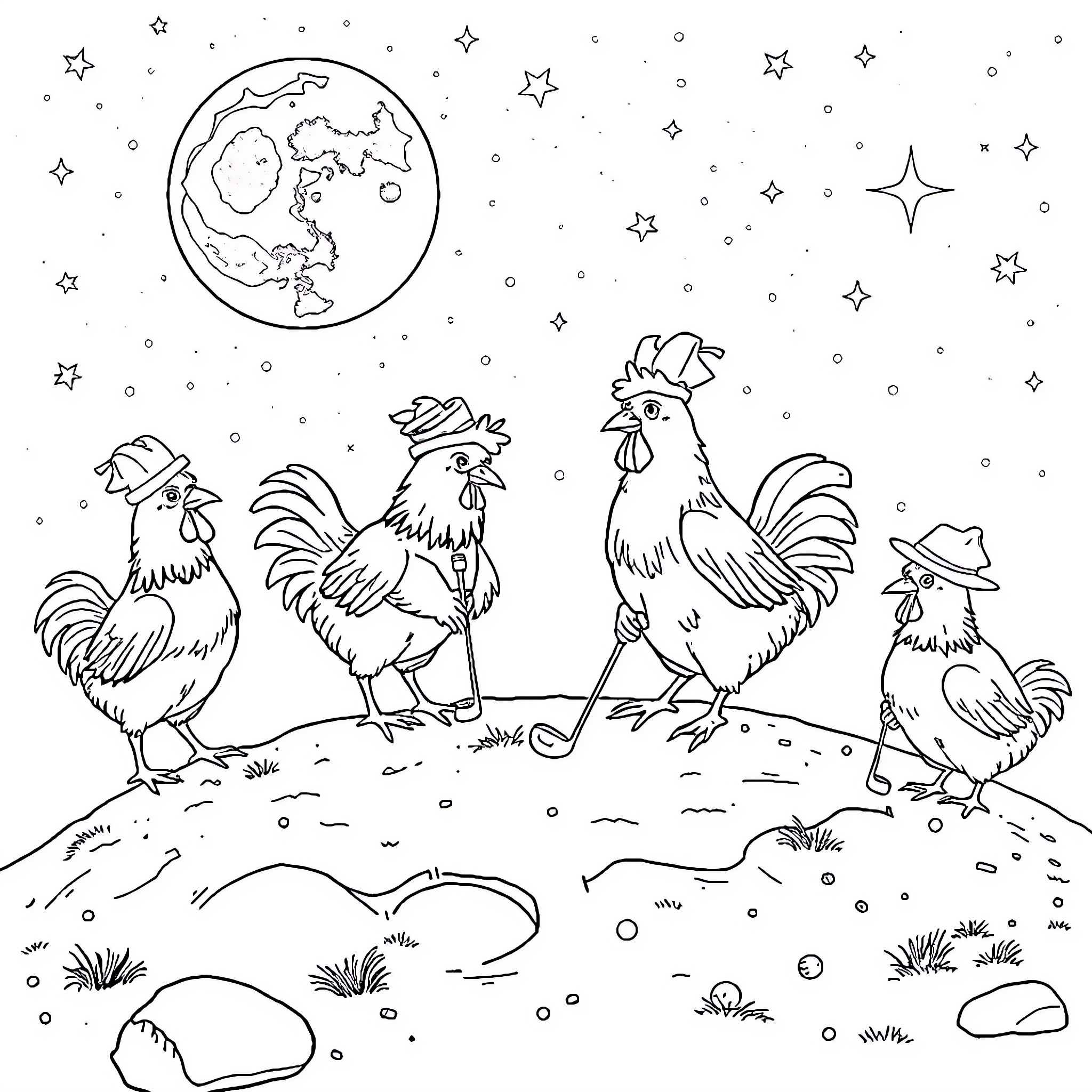Chickens gazing at the starry night sky Coloring Page (free black-and-white line drawing printable PDF for all, from beginners to advanced learners, including children, teens, adults, and seniors)