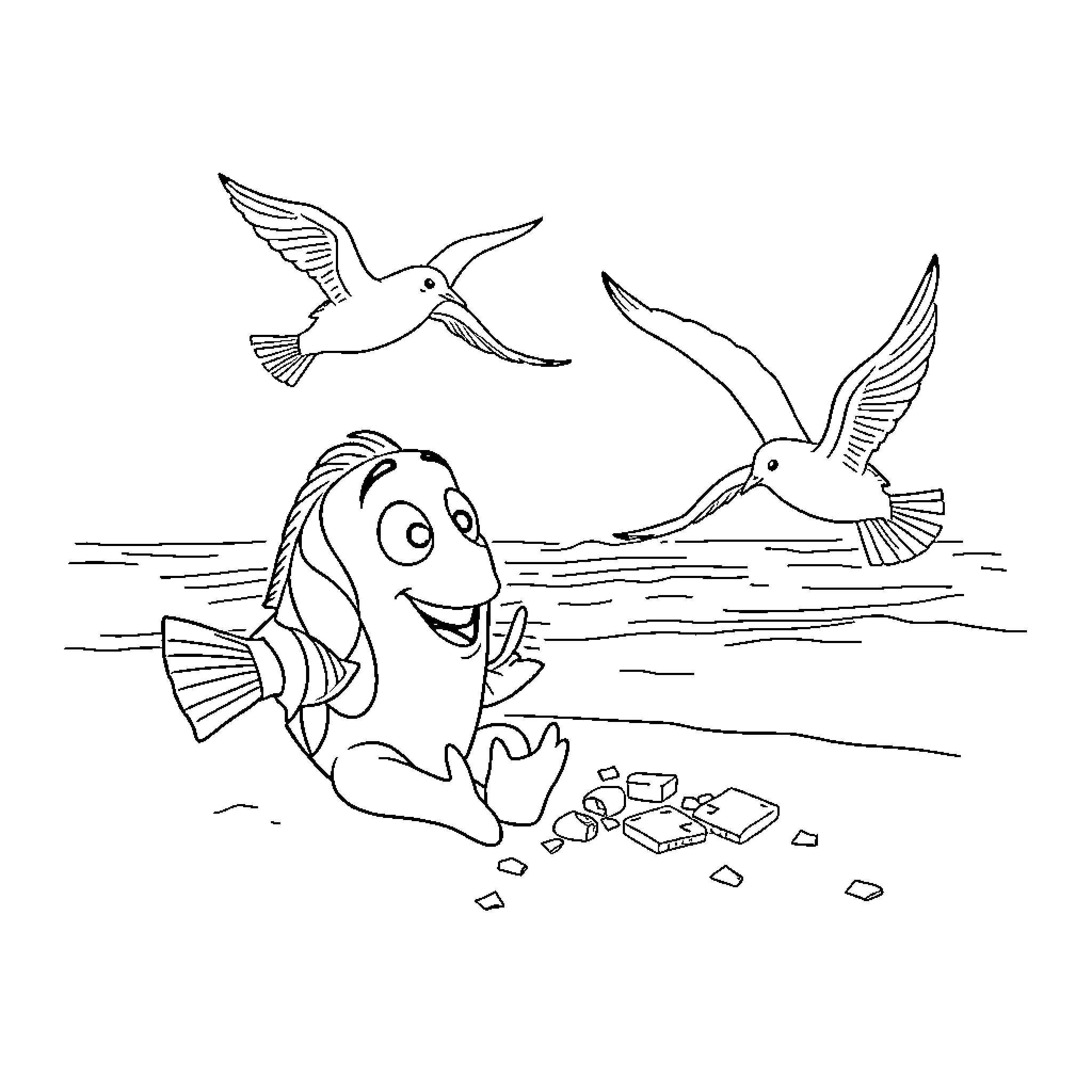 Nemo swimming happily with seagulls in the ocean Coloring Page (free black-and-white line drawing printable PDF for all, from beginners to advanced learners, including children, teens, adults, and seniors)