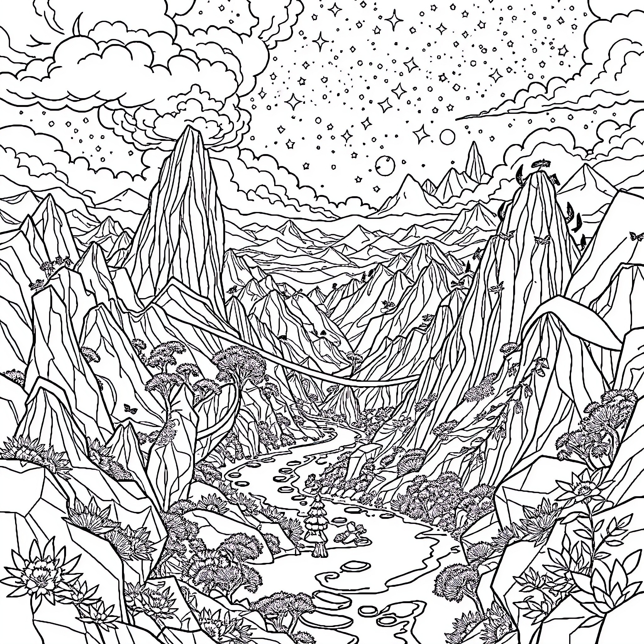 Genshin Impact Fantastical Landscape with Mountains and Stars Coloring Page (free black-and-white line drawing printable PDF for all, from beginners to advanced learners, including children, teens, adults, and seniors)