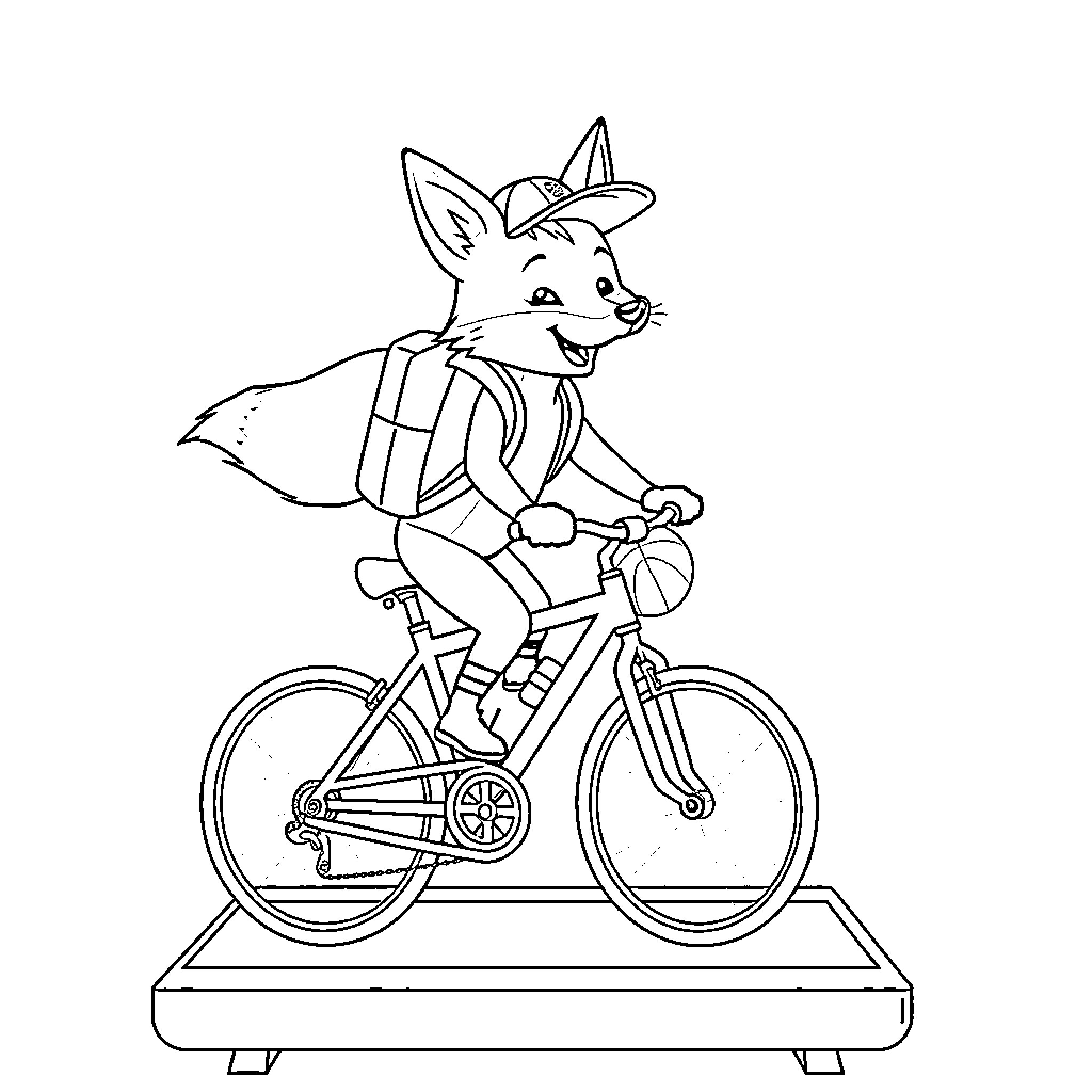 Fox riding a bicycle happily Coloring Page (free black-and-white line drawing printable PDF for all, from beginners to advanced learners, including children, teens, adults, and seniors)