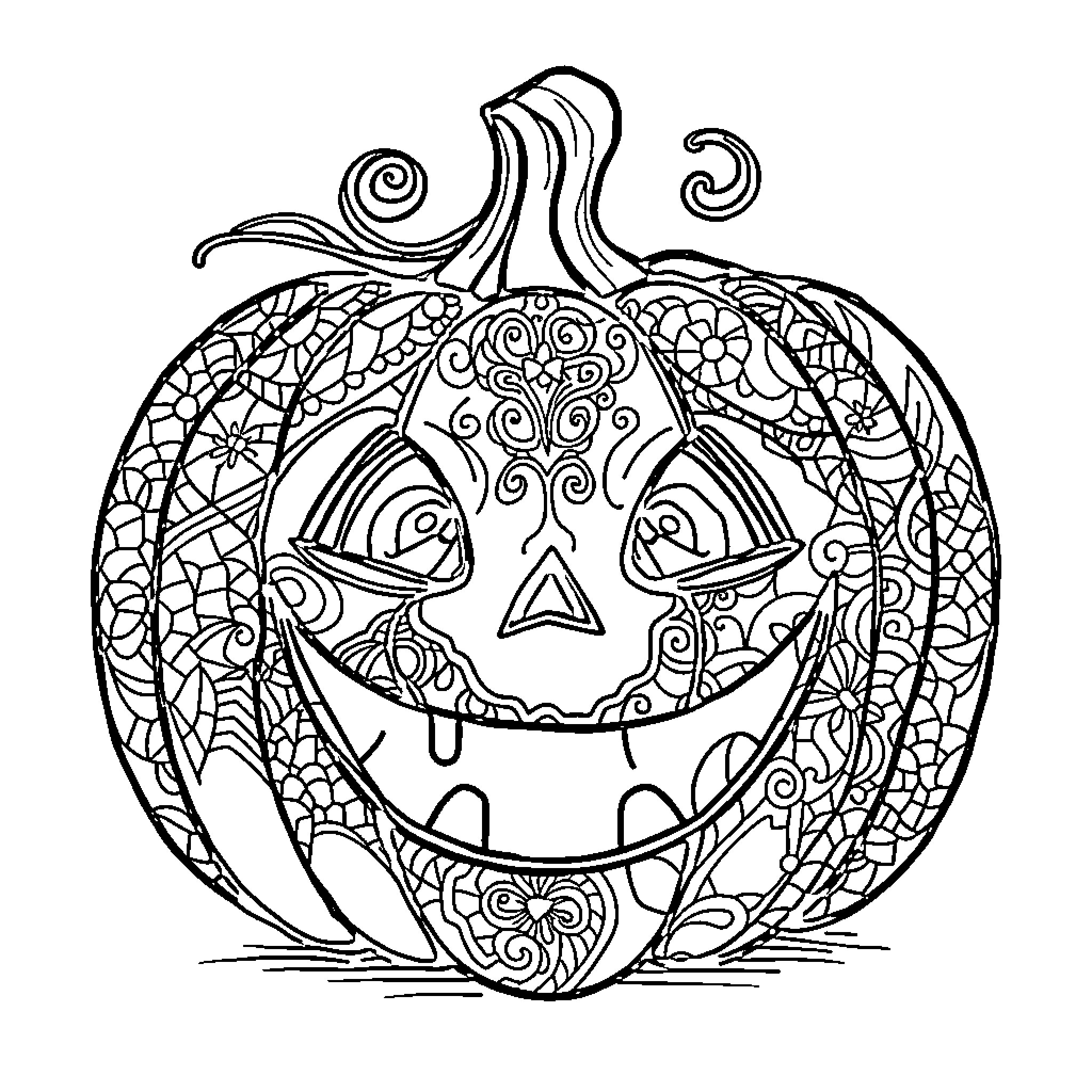 Jack-o'-lantern with intricate patterned design Coloring Page (free black-and-white line drawing printable PDF for all, from beginners to advanced learners, including children, teens, adults, and seniors)