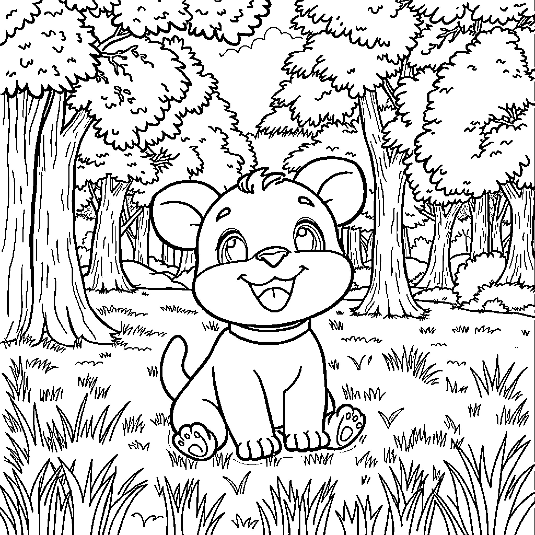 Labubu's Joyful Adventure in the Forest Coloring Page (free black-and-white line drawing printable PDF for all, from beginners to advanced learners, including children, teens, adults, and seniors)