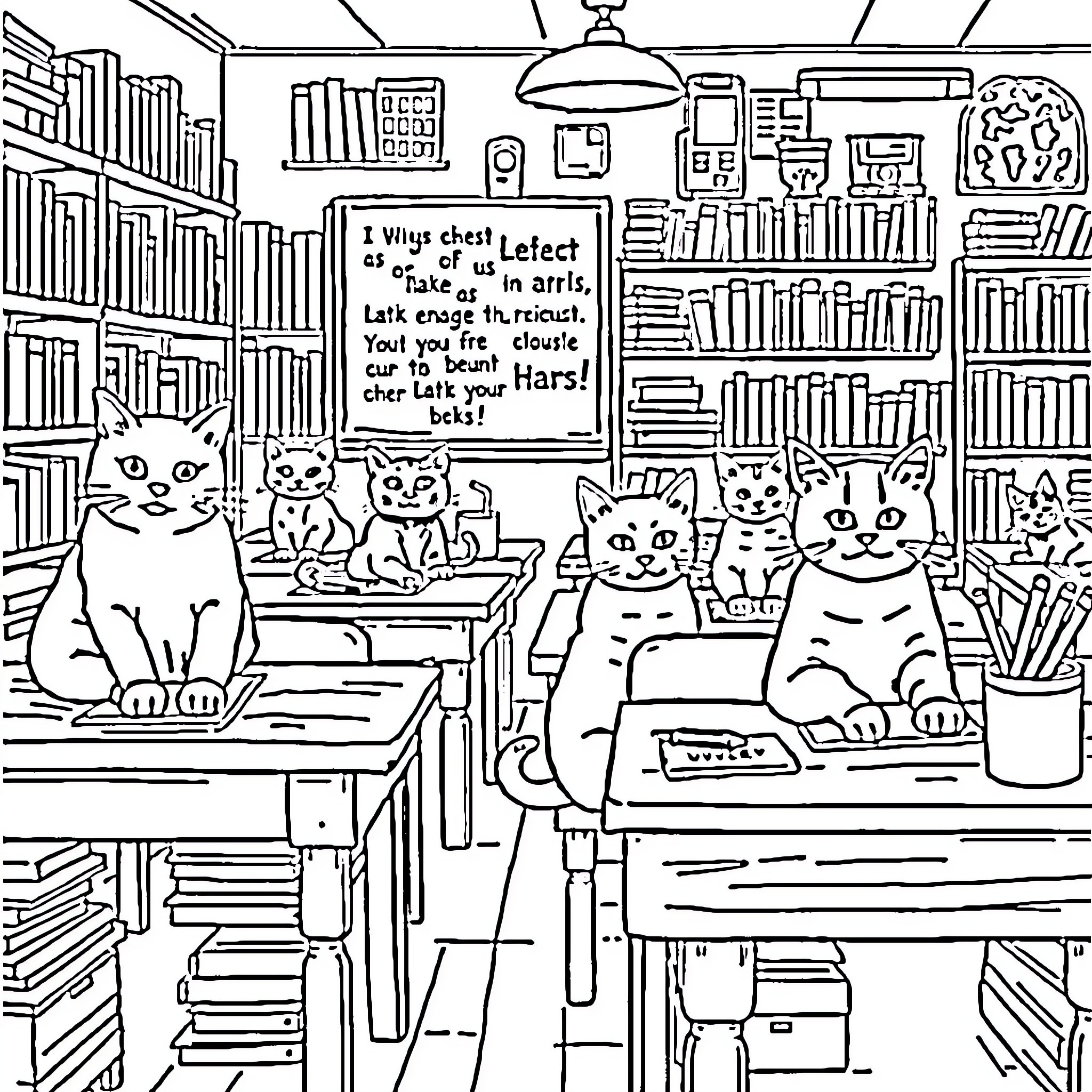 Cats Studying in Library Coloring Page (free black-and-white line drawing printable PDF for all, from beginners to advanced learners, including children, teens, adults, and seniors)