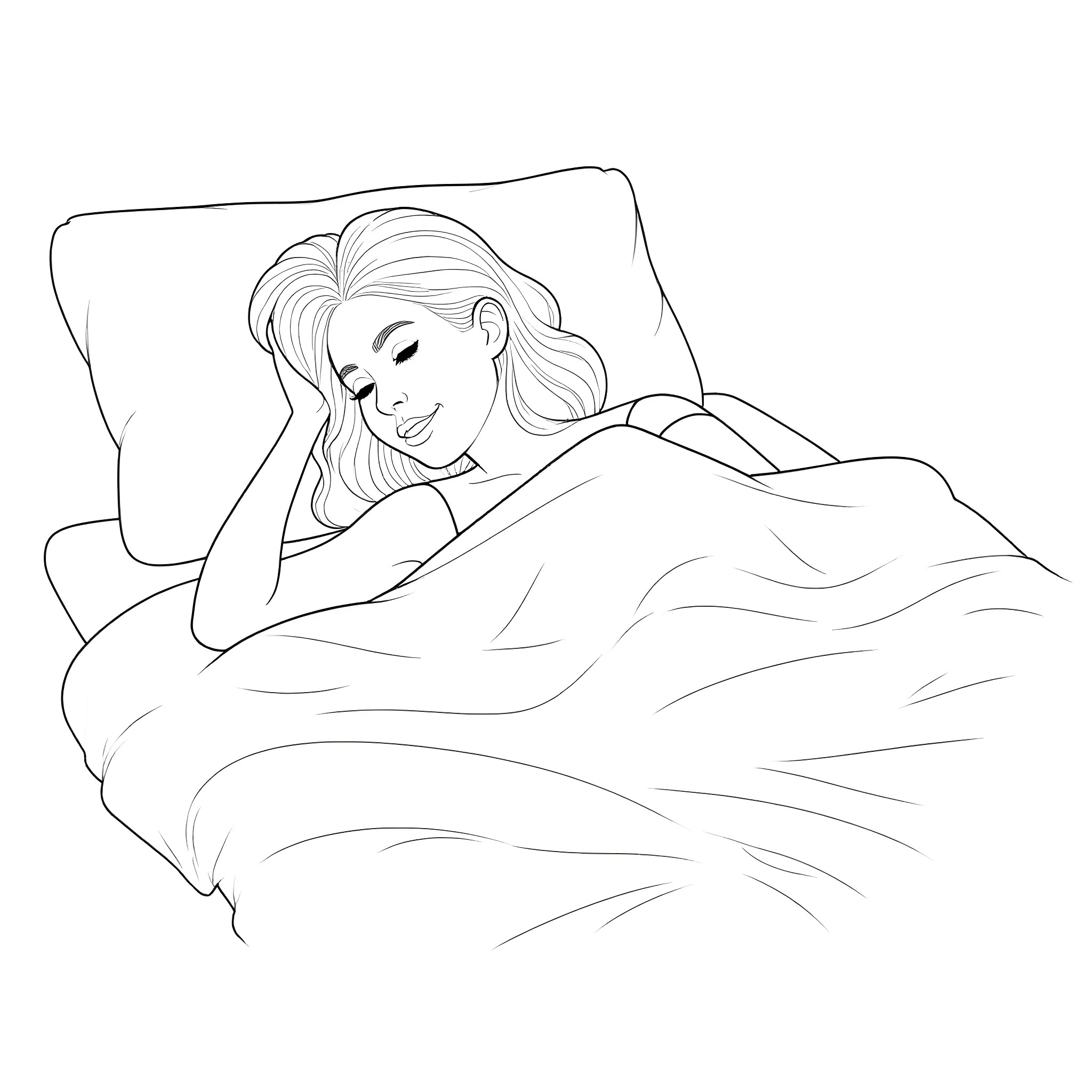 Wife resting peacefully in bed Coloring Page (free black-and-white line drawing printable PDF for all, from beginners to advanced learners, including children, teens, adults, and seniors)