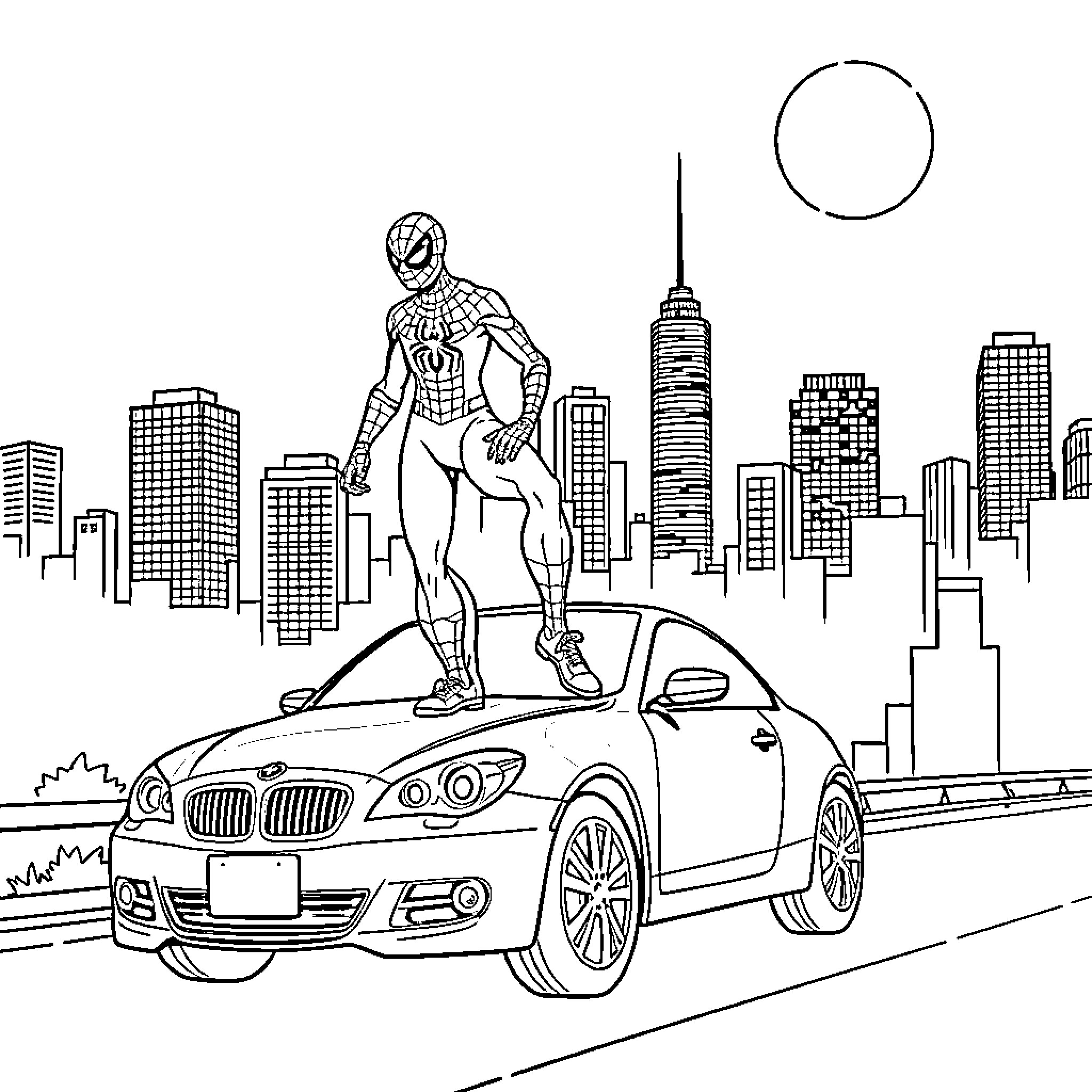 Spiderman swinging above the city in his costume Coloring Page (free black-and-white line drawing printable PDF for all, from beginners to advanced learners, including children, teens, adults, and seniors)