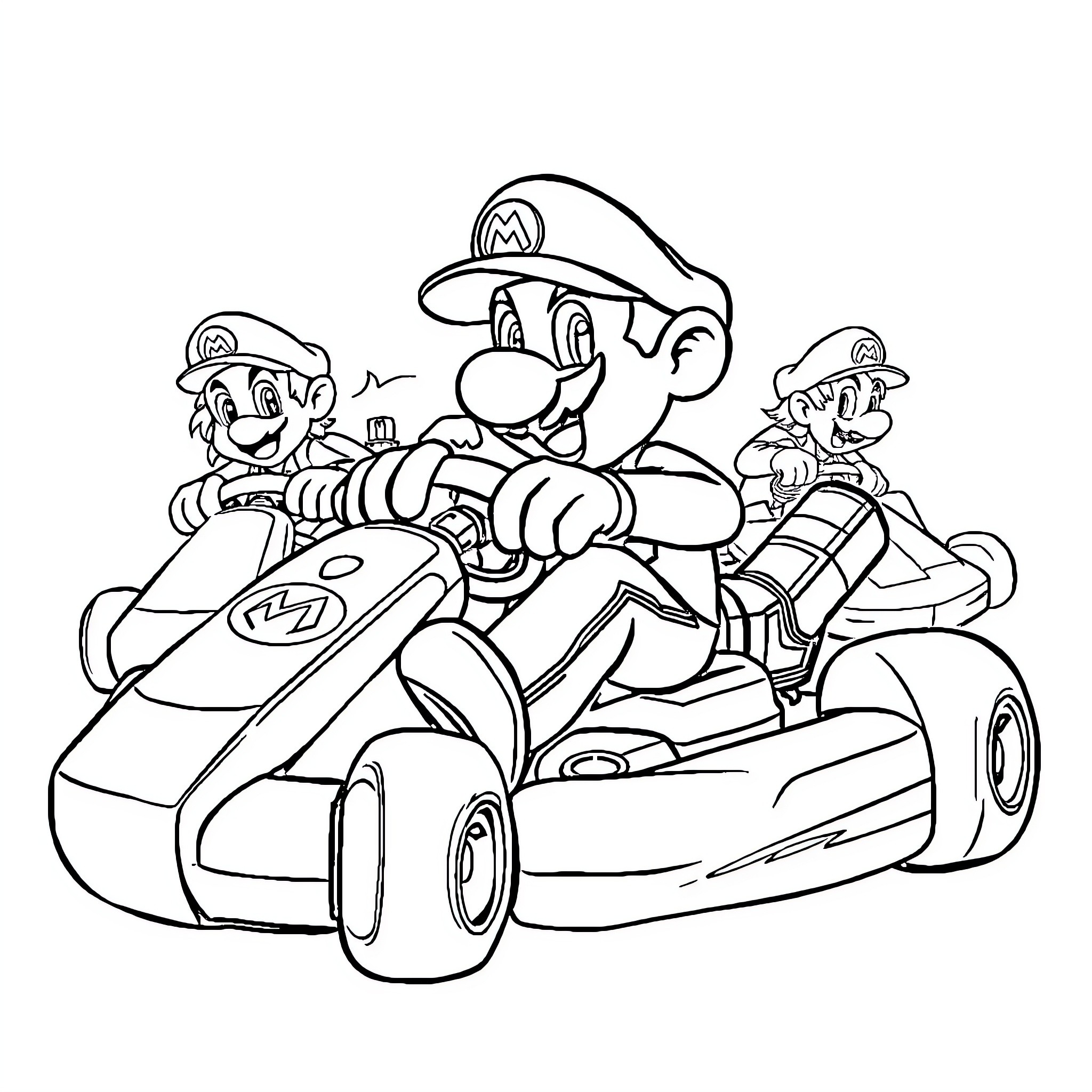 Mario Kart characters racing in go-karts Coloring Page (free black-and-white line drawing printable PDF for all, from beginners to advanced learners, including children, teens, adults, and seniors)