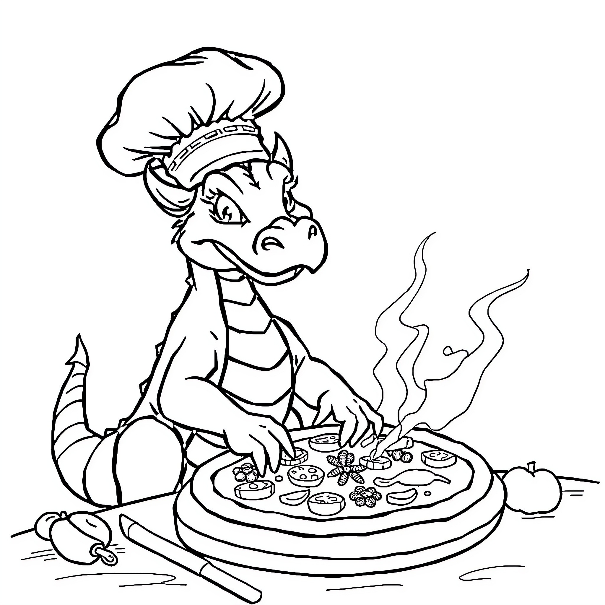 Dragon Chef Preparing Delicious Meal Coloring Page (free black-and-white line drawing printable PDF for all, from beginners to advanced learners, including children, teens, adults, and seniors)