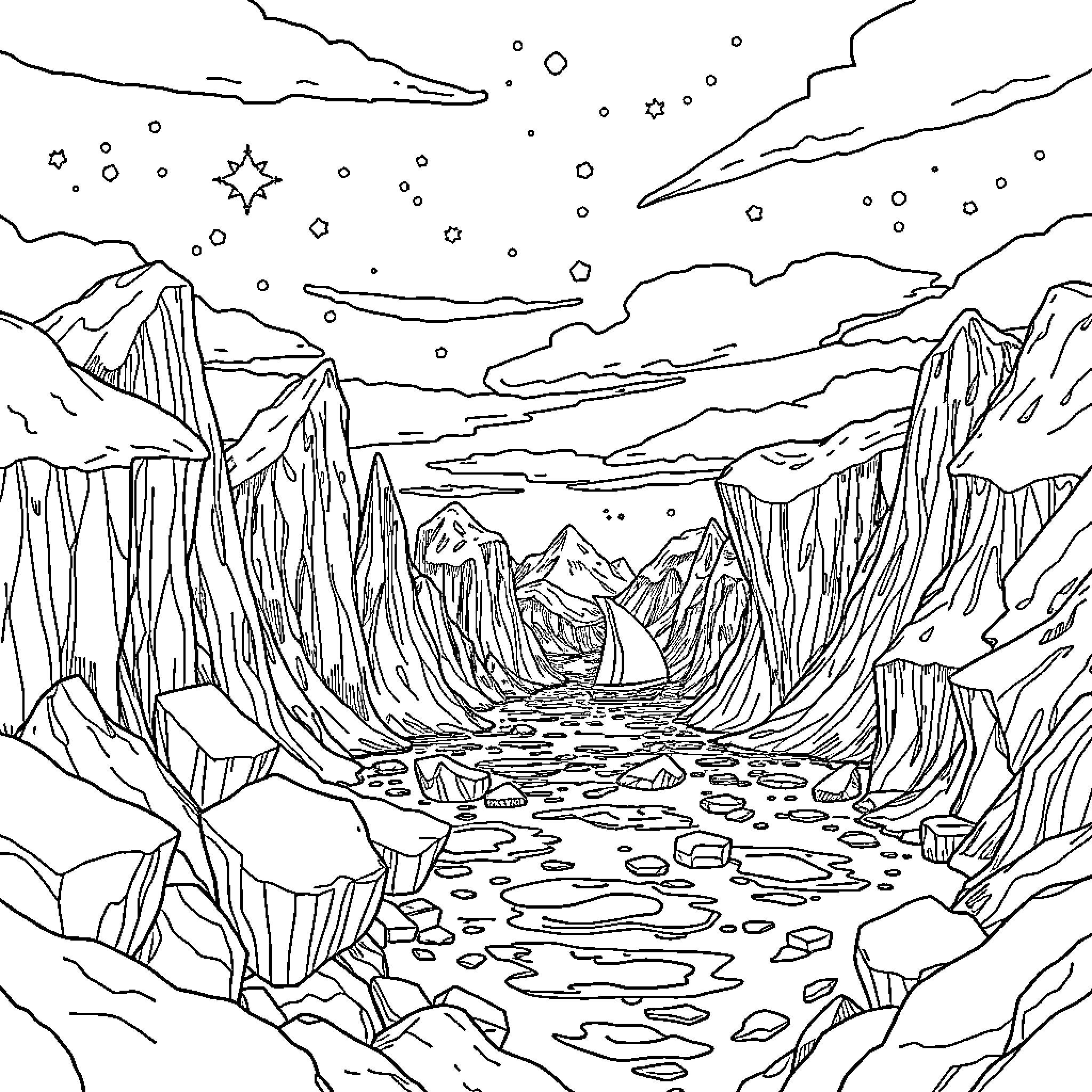 Frozen Wintry Landscape with Mountainous Terrain Coloring Page (free black-and-white line drawing printable PDF for all, from beginners to advanced learners, including children, teens, adults, and seniors)