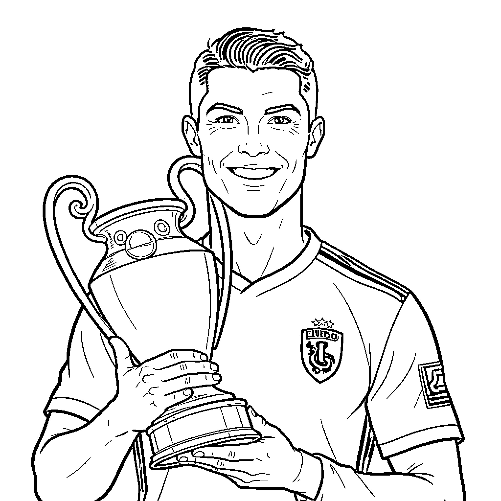 Cristiano Ronaldo smiling while holding a large trophy Coloring Page (free black-and-white line drawing printable PDF for all, from beginners to advanced learners, including children, teens, adults, and seniors)