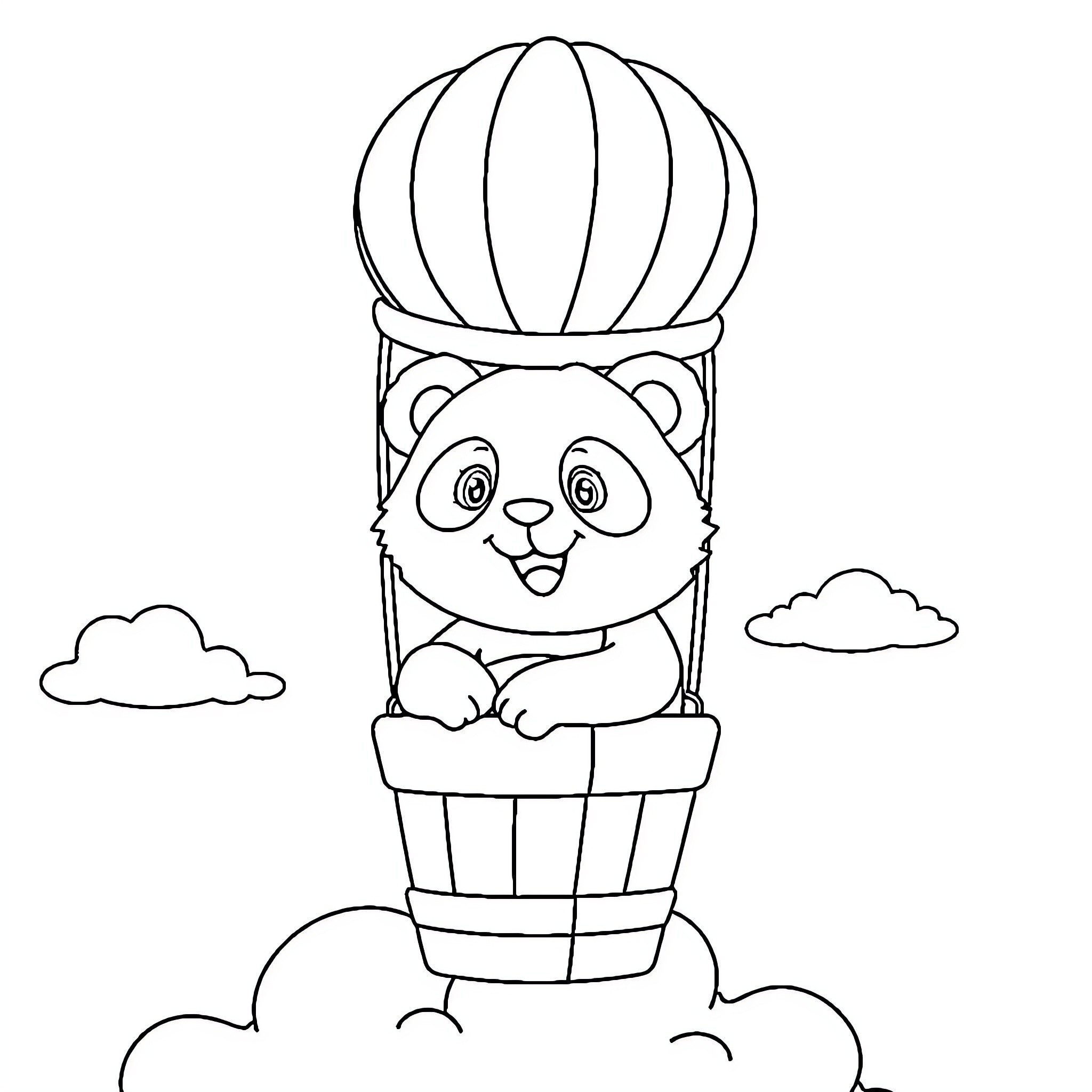 Panda riding hot air balloon with clouds Coloring Page (free black-and-white line drawing printable PDF for all, from beginners to advanced learners, including children, teens, adults, and seniors)