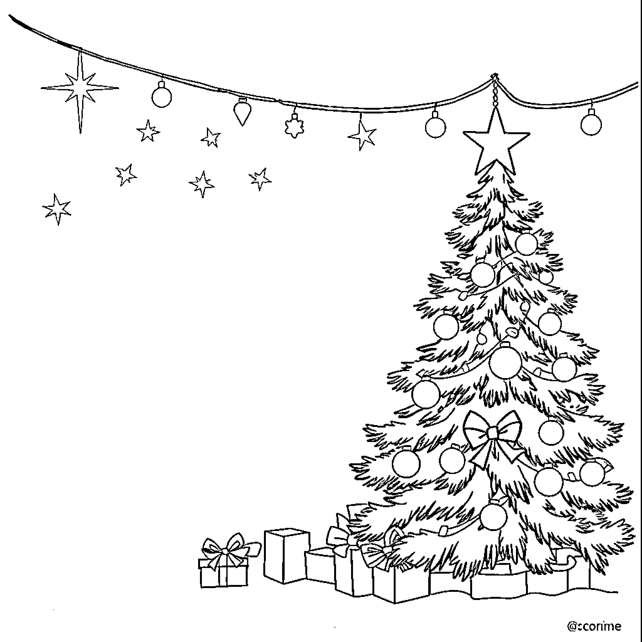 Christmas tree and decorative lights Coloring Page (free black-and-white line drawing printable PDF for all, from beginners to advanced learners, including children, teens, adults, and seniors)