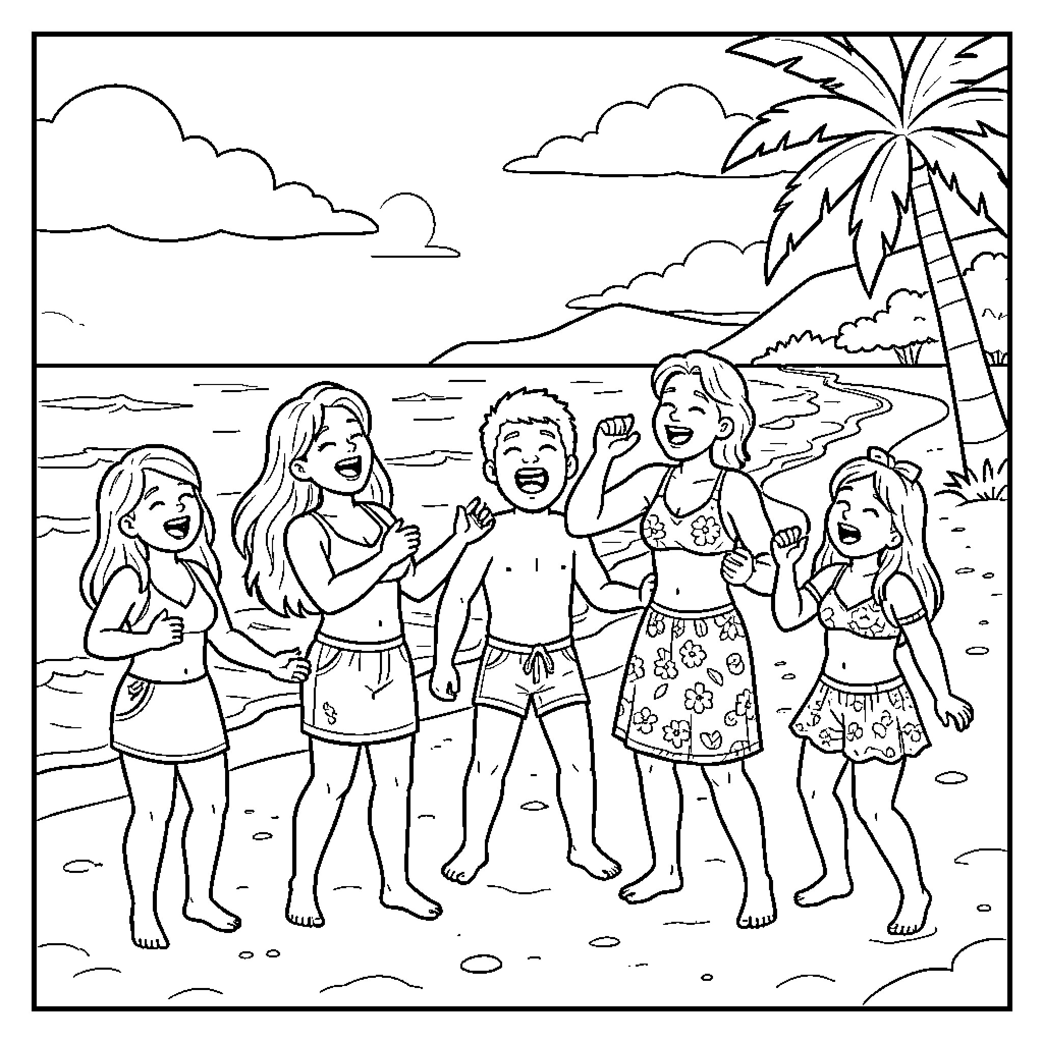 Tralalelo happy group of friends dancing on the beach Coloring Page (free black-and-white line drawing printable PDF for all, from beginners to advanced learners, including children, teens, adults, and seniors)