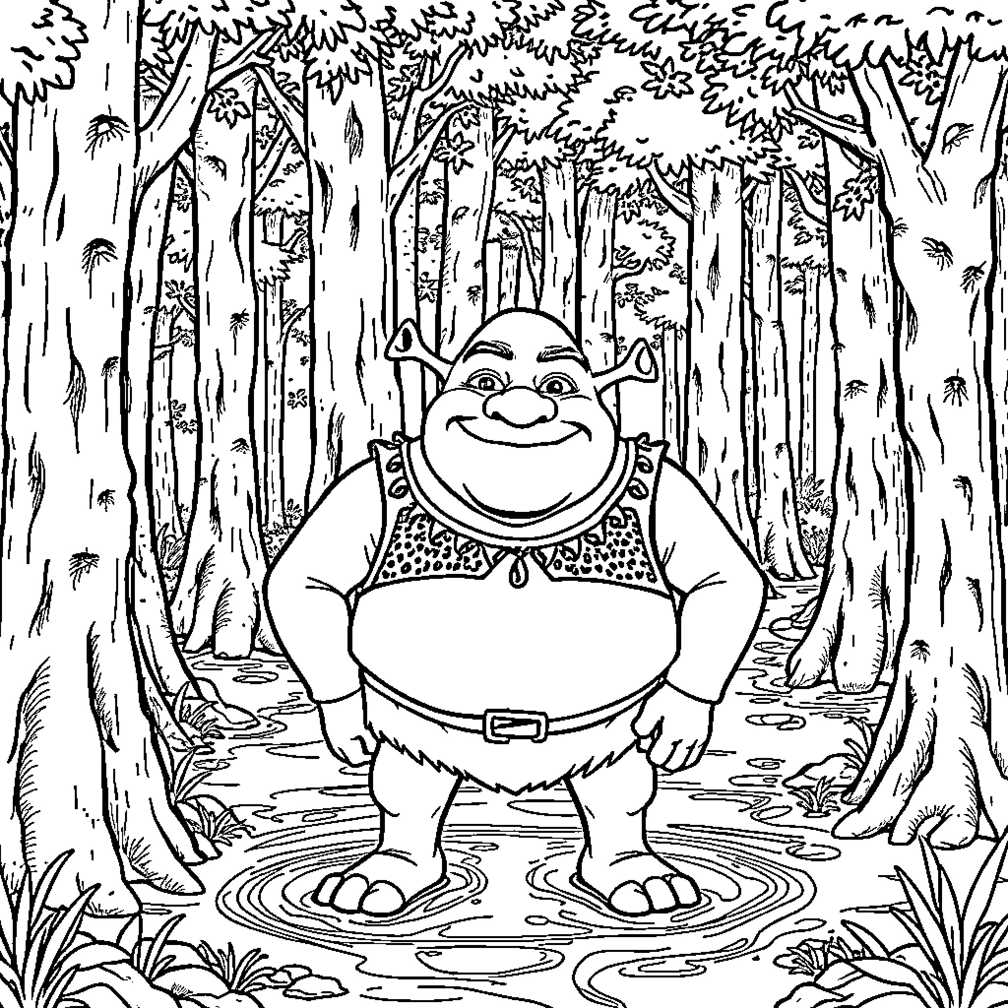 Shrek exploring the enchanted forest Coloring Page (free black-and-white line drawing printable PDF for all, from beginners to advanced learners, including children, teens, adults, and seniors)